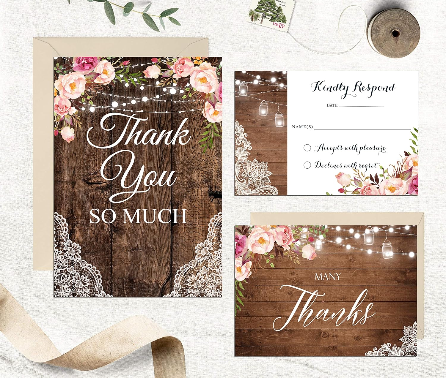 Rustic Pink Floral Thank You Cards with Envelopes Boxed Set - Bulk Thank You Notes Cards Blank Inside, for Baby Shower, Birthday, Wedding, Bridal Shower, Rustic Wood Lace String Lights Floral Design