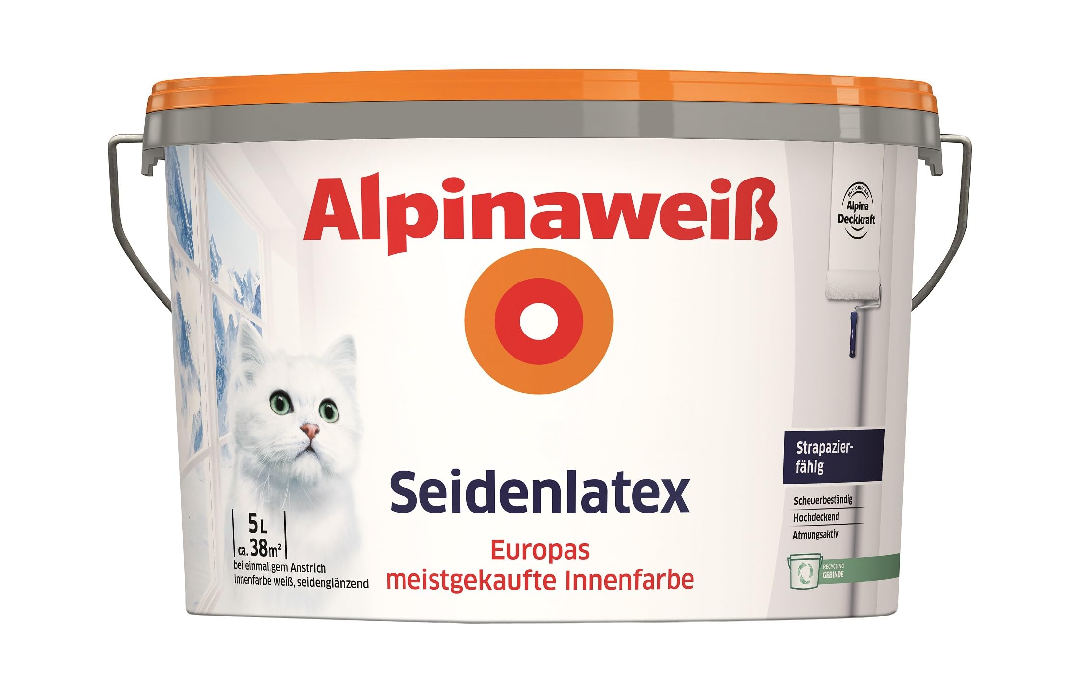 Alpinaweiß Seidenlatex in weißer Seidenglanz-Optik – strapazierfähige und atmungsaktive Wandfarbe – ergiebig, gut deckend & reinigungsfähig – 5 Liter