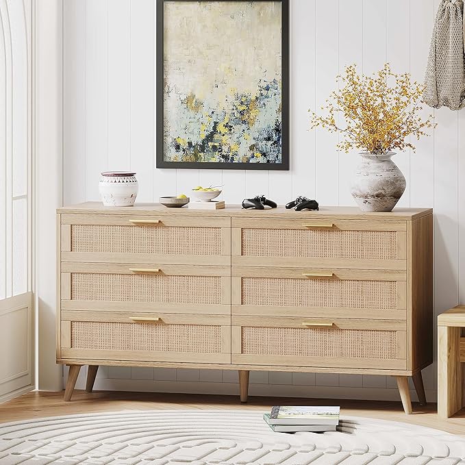 Rattan 6 Drawers Dresser, Double Dresser for Bedroom