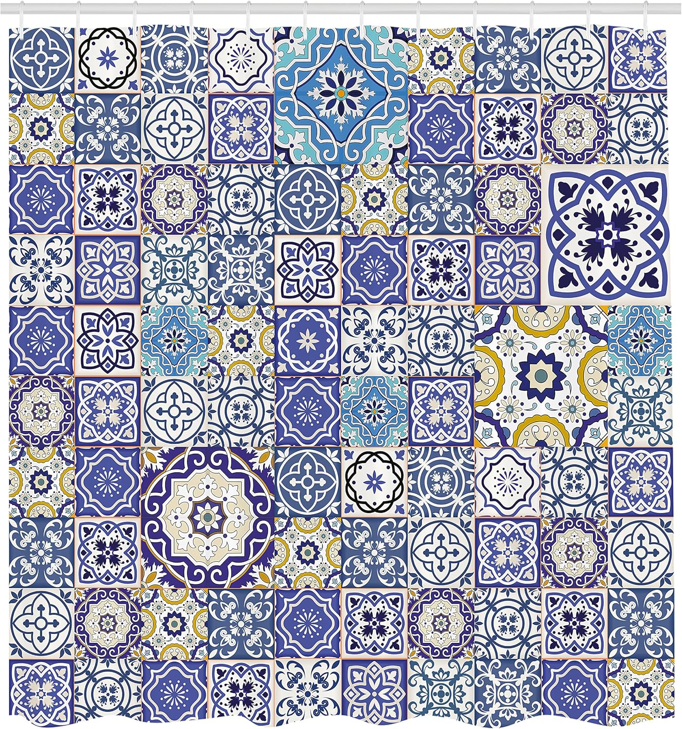 Ambesonne Blue Shower Curtain, Rich Pattern of Moroccan Tiles Patchwork Style Pattern Oriental, Cloth Fabric Bathroom Decor Set with Hooks, 69" W x 70" L, Ceil Blue