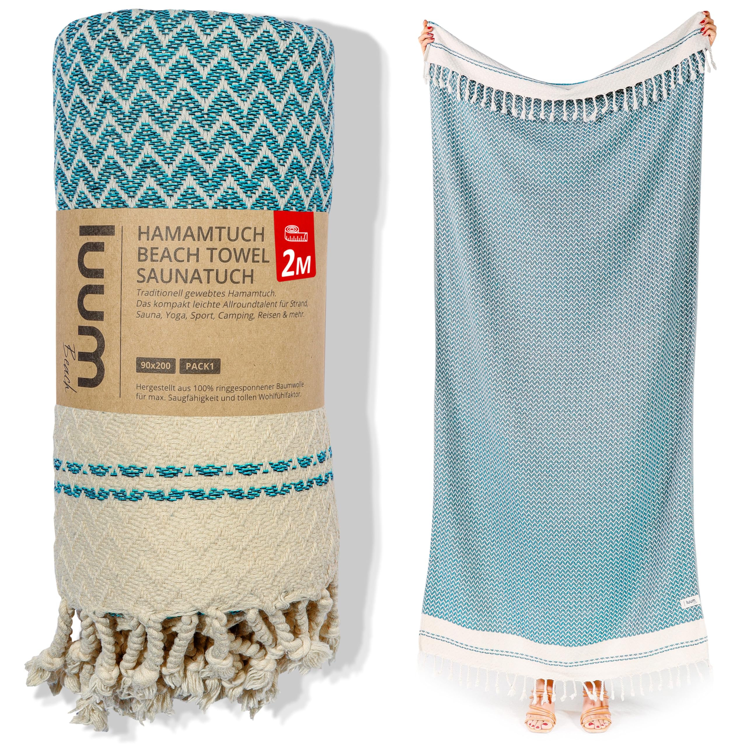 Luum® Hamamtuch groß 90x200 Strandtuch Saunahandtuch Badetuch Handtuch Yogatuch Duschtuch Strandhandtuch Saunatuch Reisehandtuch Turkish Towels, Damen Herren, 100% Baumwolle, Türkis