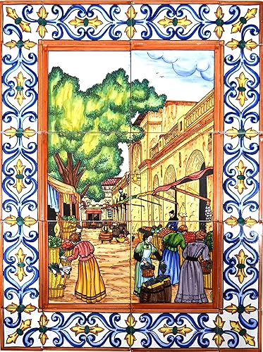 Miniatura 7 de ART ESCUDELLERS Mural de Cerámica Pintado a Mano FlamencoSEVILLANAS con Borde de Borde. 17.72'' x 23.62''.