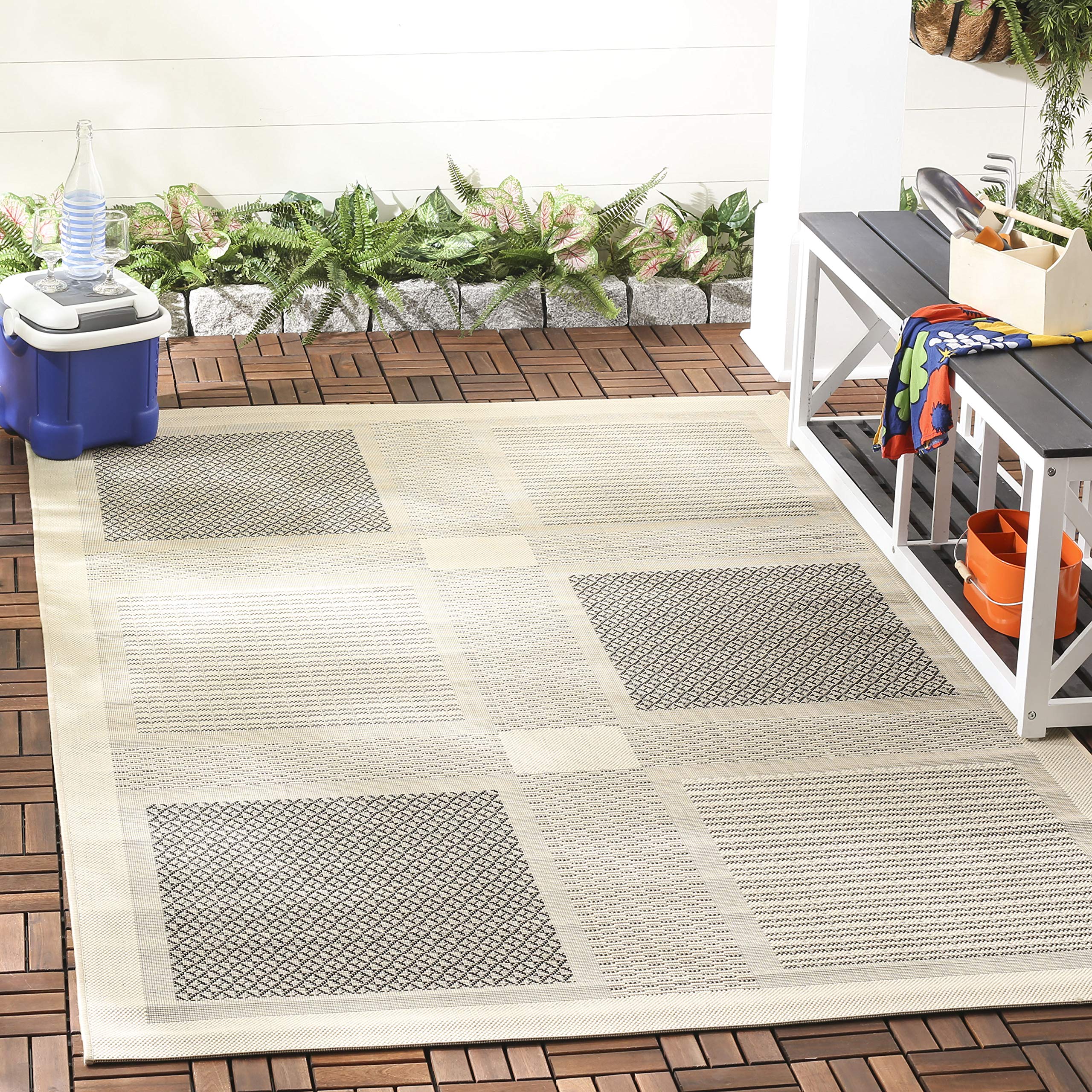 SAFAVIEH Washable Rug Outdoor Courtyard Collection - 2'7" x 5', Sand & Black, Non-Shedding & Easy Cleaning, Ideal for Patio, Backyard, Mudroom (CY1928