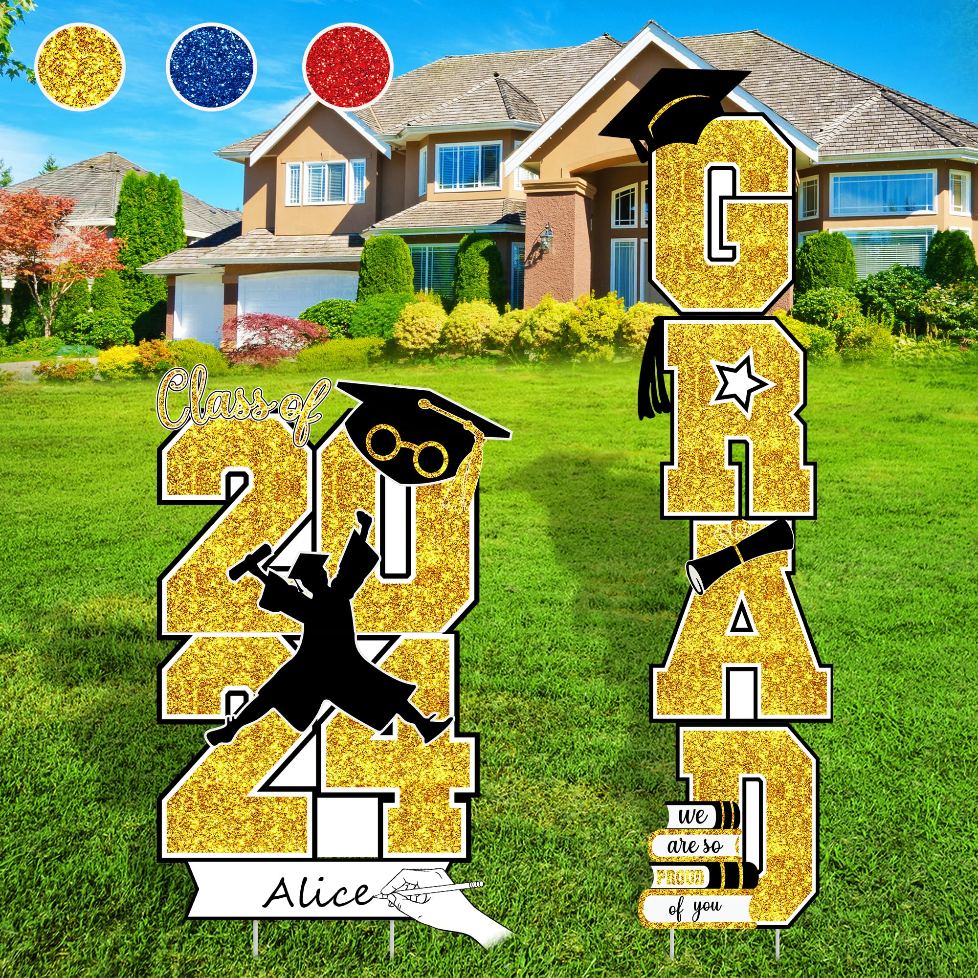 Photo 1 of Graduation Decorations Class of 2024 Yard Sign - 6pcs Large Size Graduation Yard Signs with Stakes for High School College Congrats Grad Outdoor Lawn Graduation Party Decor Supplies (Gold)