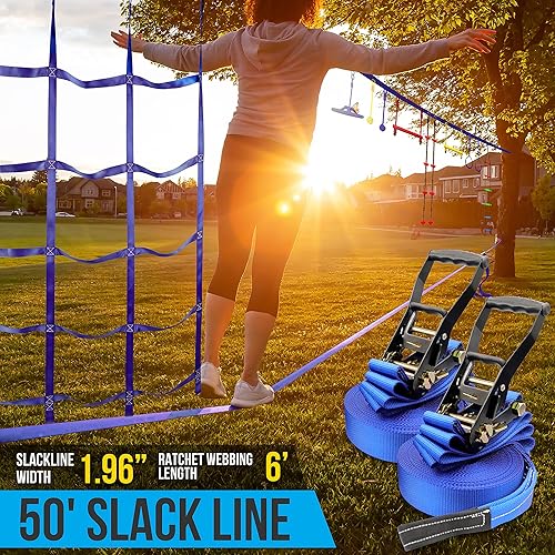 Miniatura 3 de SereneLife Carrera de obstáculos ninja para niños, entrenamiento al aire libre de 2 x 50 pies, 2 equipos de línea floja con columpio de trapecio