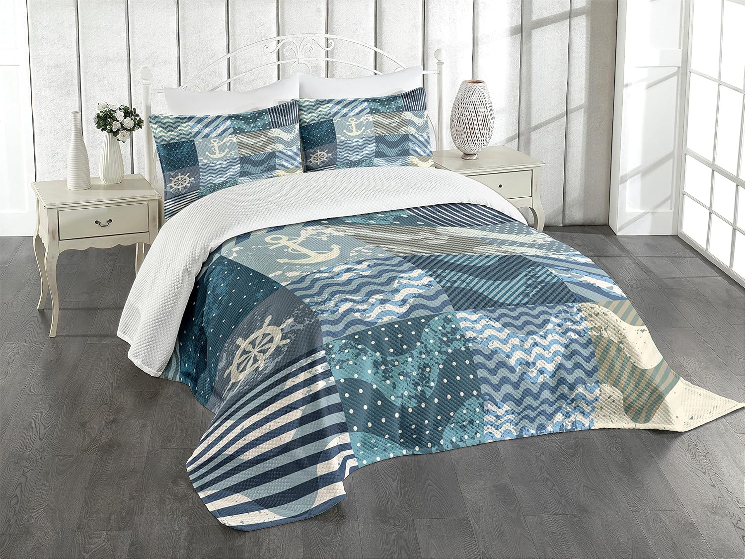 Ambesonne Nautical Bedspread Set, Marine Theme Wave Patterns in Patchwork Style Boxes Squares Striped Anchor Print, 3 Piece Decorative Bedding Coverlet and 2 Pillow Shams, Queen Size, Blue Beige Queen Blue Beige