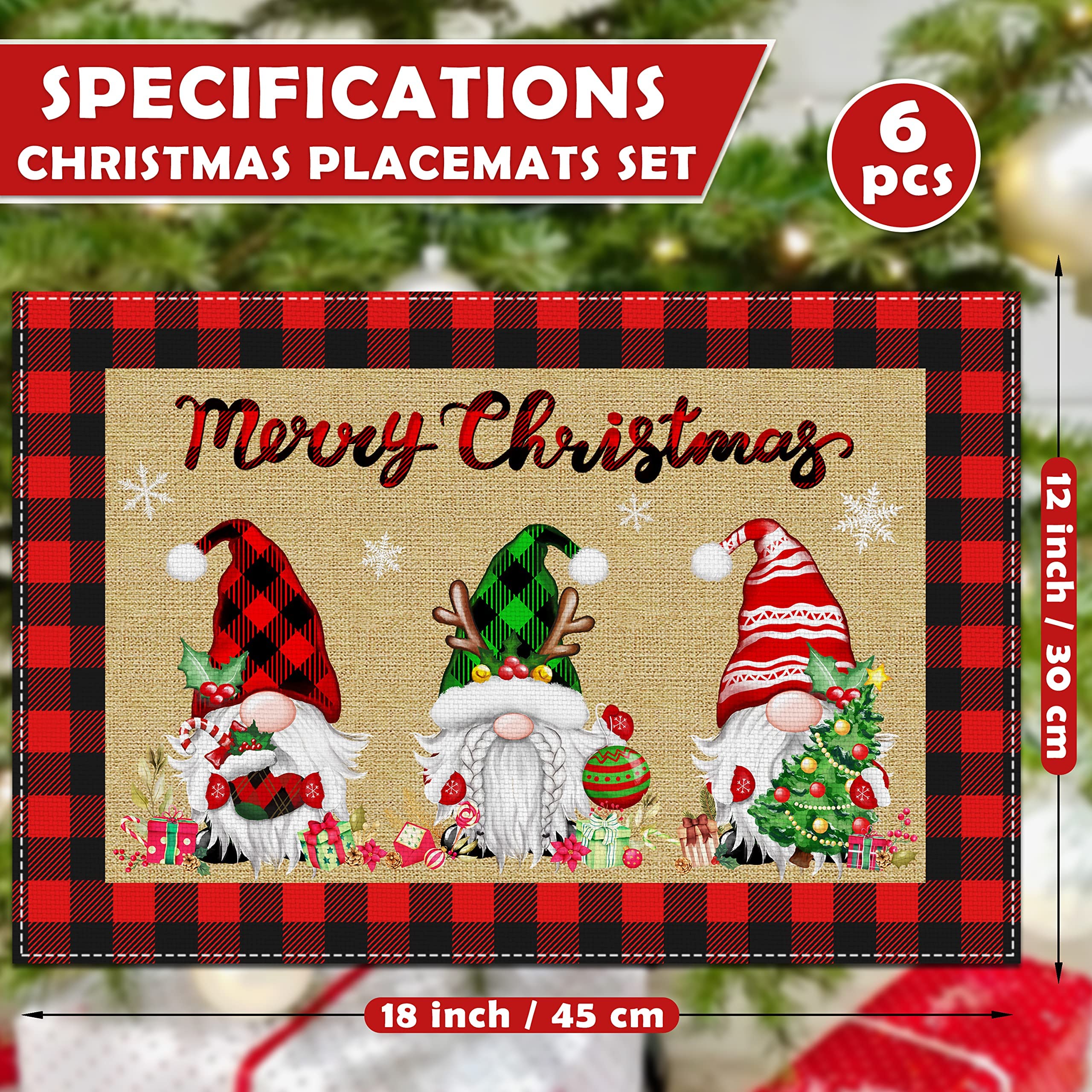 Christmas Placemats Set of 6, Merry Christmas Gnome Table Mats Kitchen Mat for Dining Table, Washable Linen Snowflake Gnome Dining Place Mat Table Decoration for Holiday Decor, 12 x 18inch