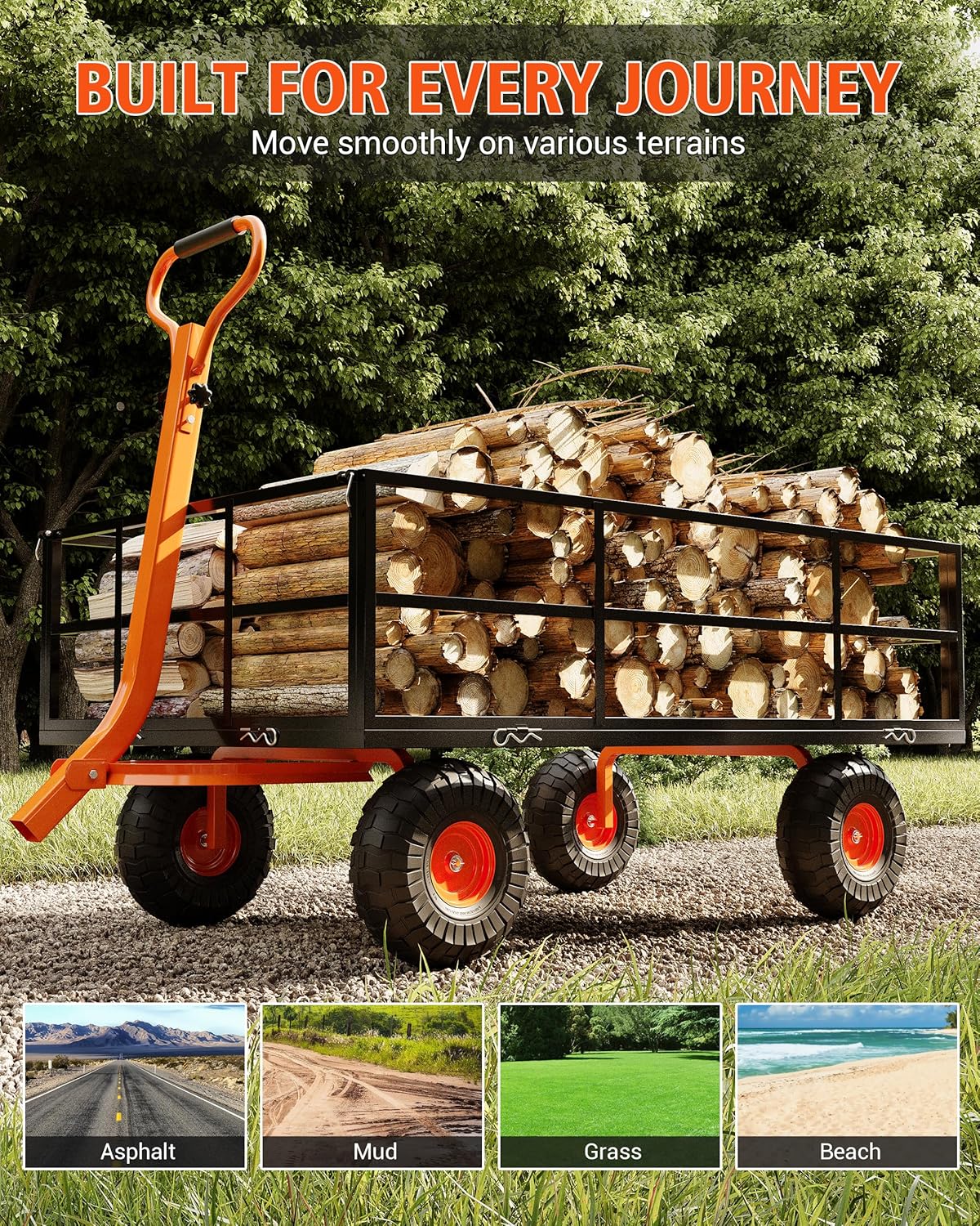 1200 LB Garden Cart on Wheels, Heavy Duty Steel Garden Wagon with Removable Mesh Sides & Adjustable Handles, Yard Cart Utility Wagon for Gardening, Lawn & Patio, Black & Orange