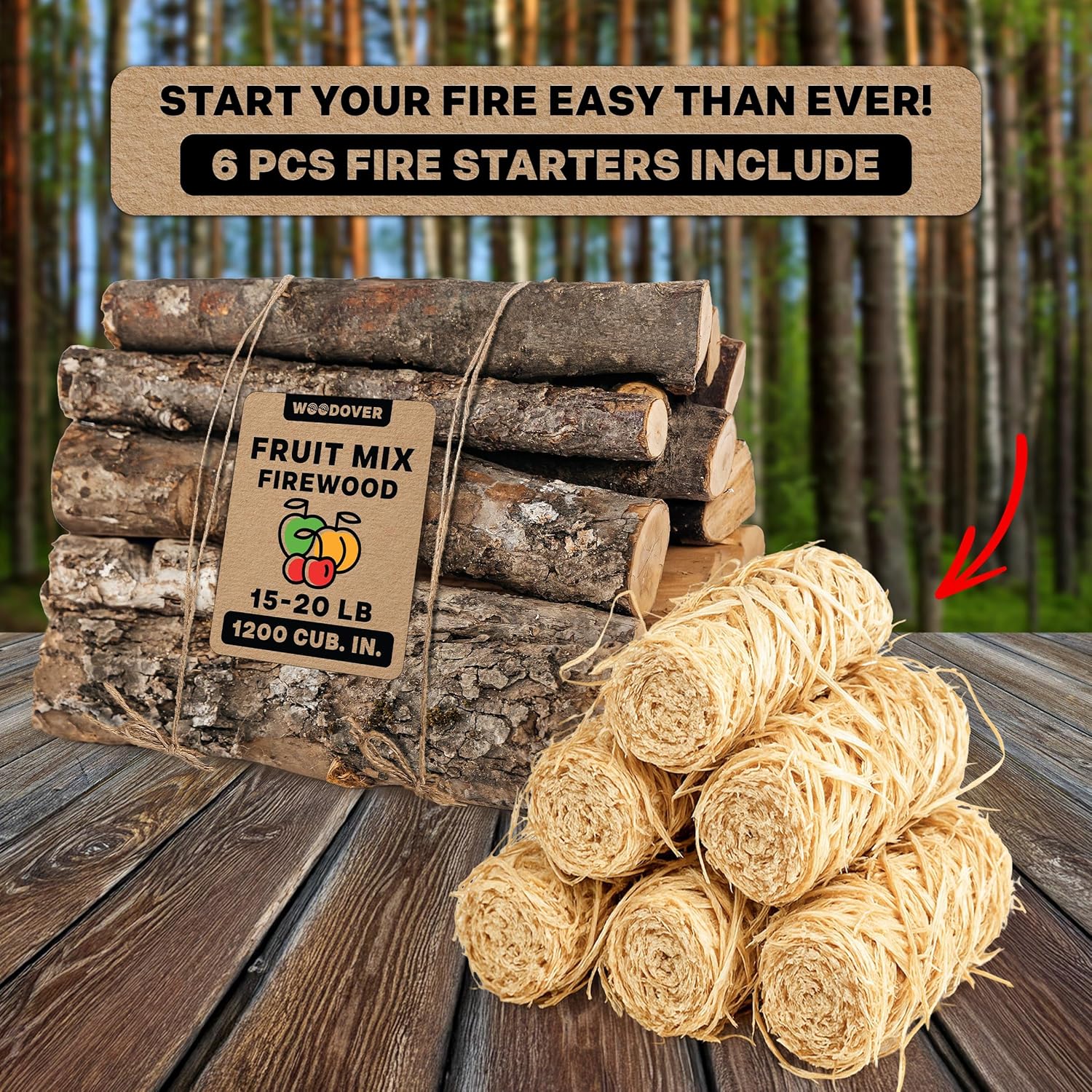15" Apple & Cherry Firewood Logs with Fire Starters Set - Kiln-Dried Firewood for Fire Pit, Seasoned Wood for Fireplace, Campfire & Pizza Oven - Split Wood for Solo Stove - 1200 cu. in., 15-20lb
