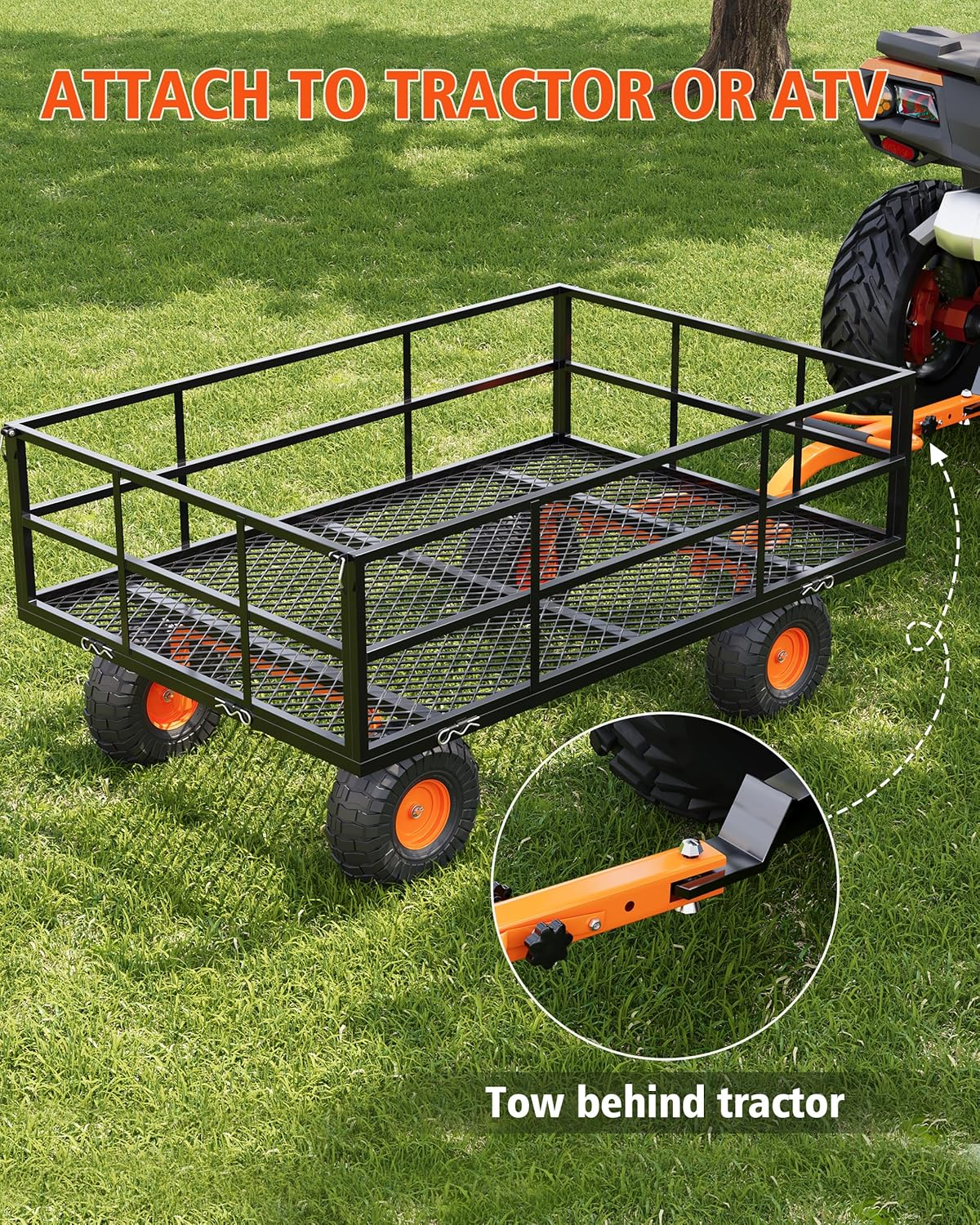 1200 LB Garden Cart on Wheels, Heavy Duty Steel Garden Wagon with Removable Mesh Sides & Adjustable Handles, Yard Cart Utility Wagon for Gardening, Lawn & Patio, Black & Orange