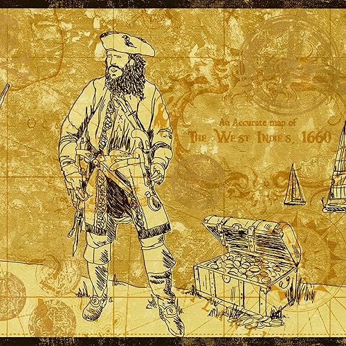 CONCORD WALLCOVERINGS ™ Wallpaper Border Nautical Pattern Pirates Map Ship Treasures Compass for Kid's Bedroom Playroom, Brown Beige, 15 Feet by 9