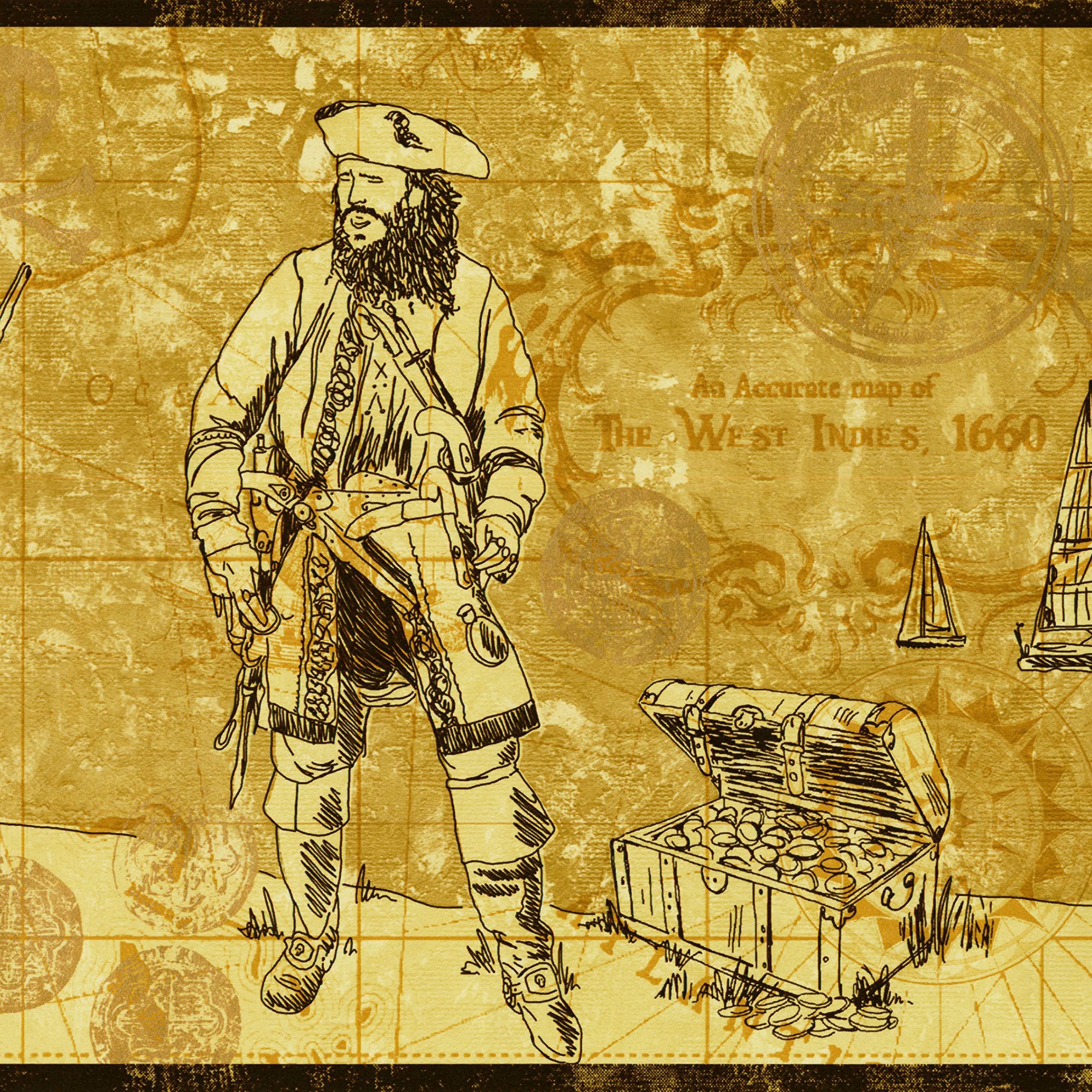 CONCORD WALLCOVERINGSWallpaper Border Nautical Pattern Pirates Map Ship Treasures Compass for Kid's Bedroom Playroom, Brown Beige, 15 Feet by 9 Inches ZB3103B