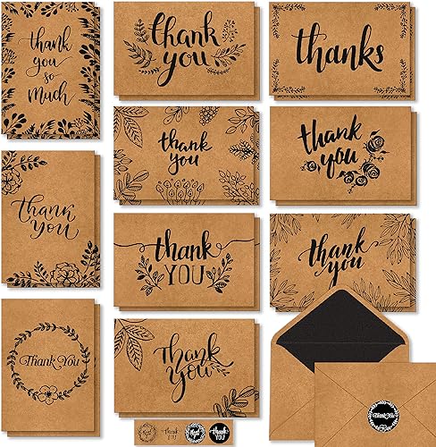 120 elegantes tarjetas de agradecimiento de papel kraft en blanco y negro con sobres de papel kraft y calcomanías, 6 diseños a granel con letras