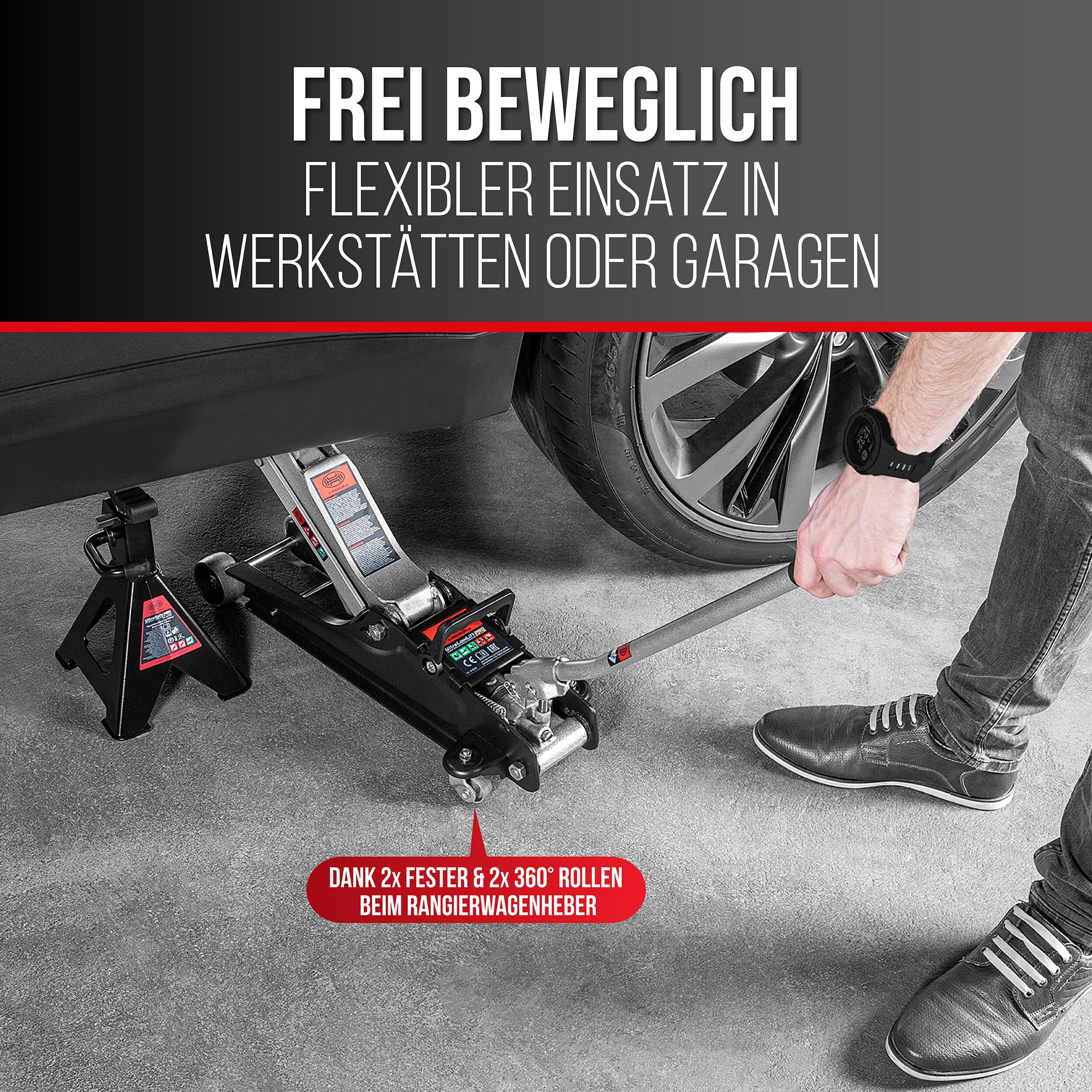 HEYNER® Wagenheber Rangierwagenheber Bundle inkl. Ersatzgummiauflage für Tesla Model 3 S Y X + 2,25t Kapazität + extra flach + robuste Qualität + Variable Hubhöhe 85-380mm