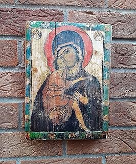 Icon of Virgin Marie, Religious Symbol, Antique Russian wood board, Russian Orthodox Icons, Religious Icons, Old Icon, Religious gifts (X-Small 5.5 x 7.5 inches)
