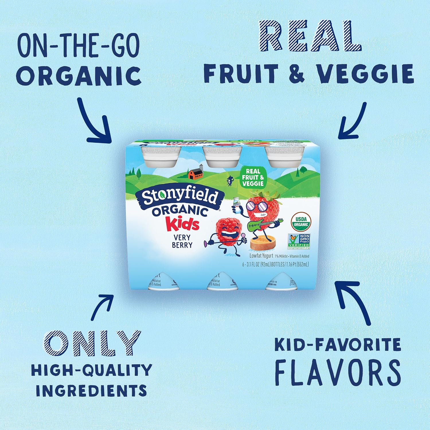 Stonyfield Organic Lowfat Yogurt Smoothies, Very Berry, 3.1 oz.,- #1 Organic Kids Yogurt, Real Fruit & Wholesome Ingredients, 6 count (Pack of 1)