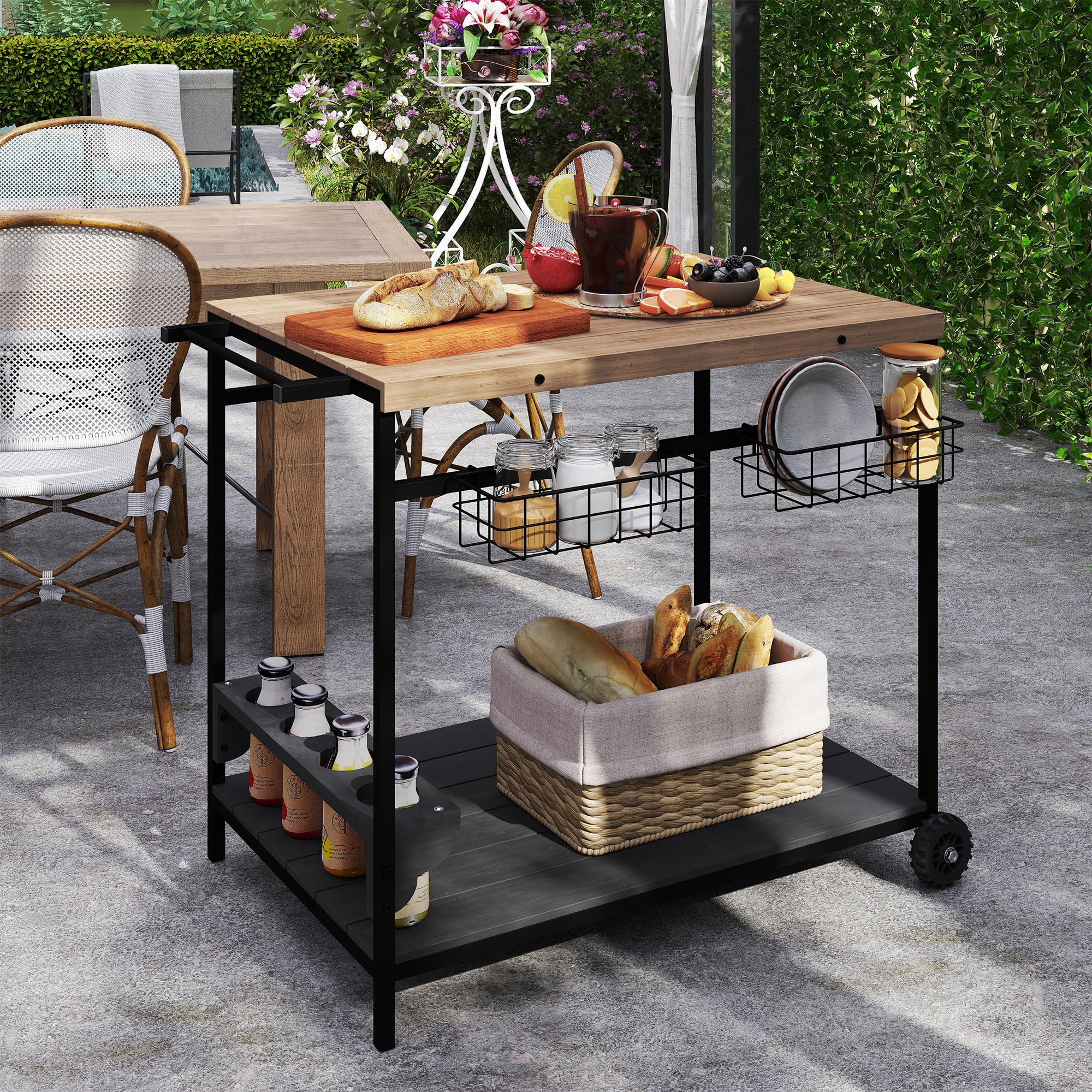 Outsunny Camarera con Ruedas de Madera Carro de Servicio con 2 Estantes 2 Cestas Metálicas y Soportes para Botellas para Jardín Terraza Patio 97,5x65x81 cm Natural y Negro