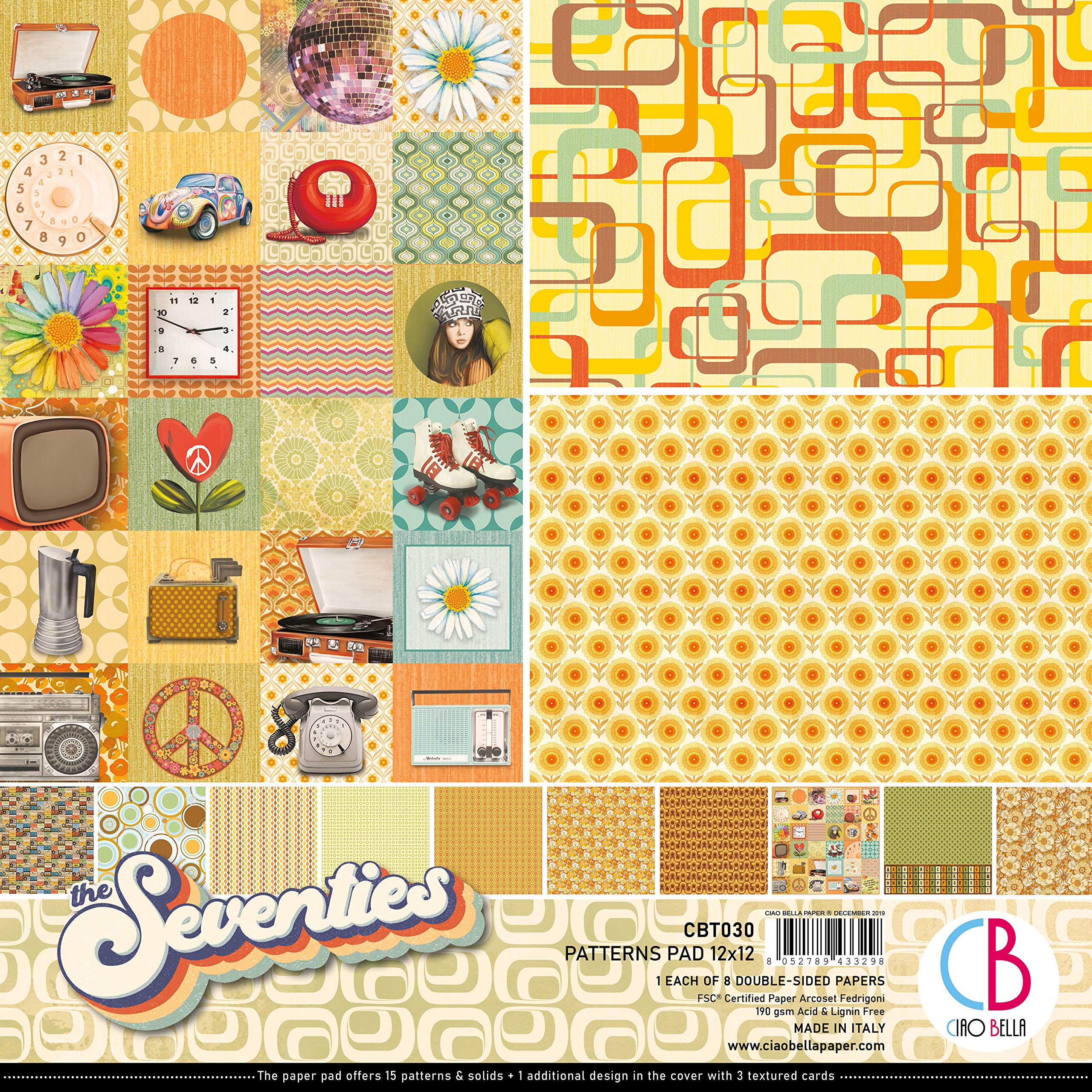CIAO BELLA PAPERPaper PAD 12" 8/PKG, The Seventies, 8 Designs/1 Each, One Size