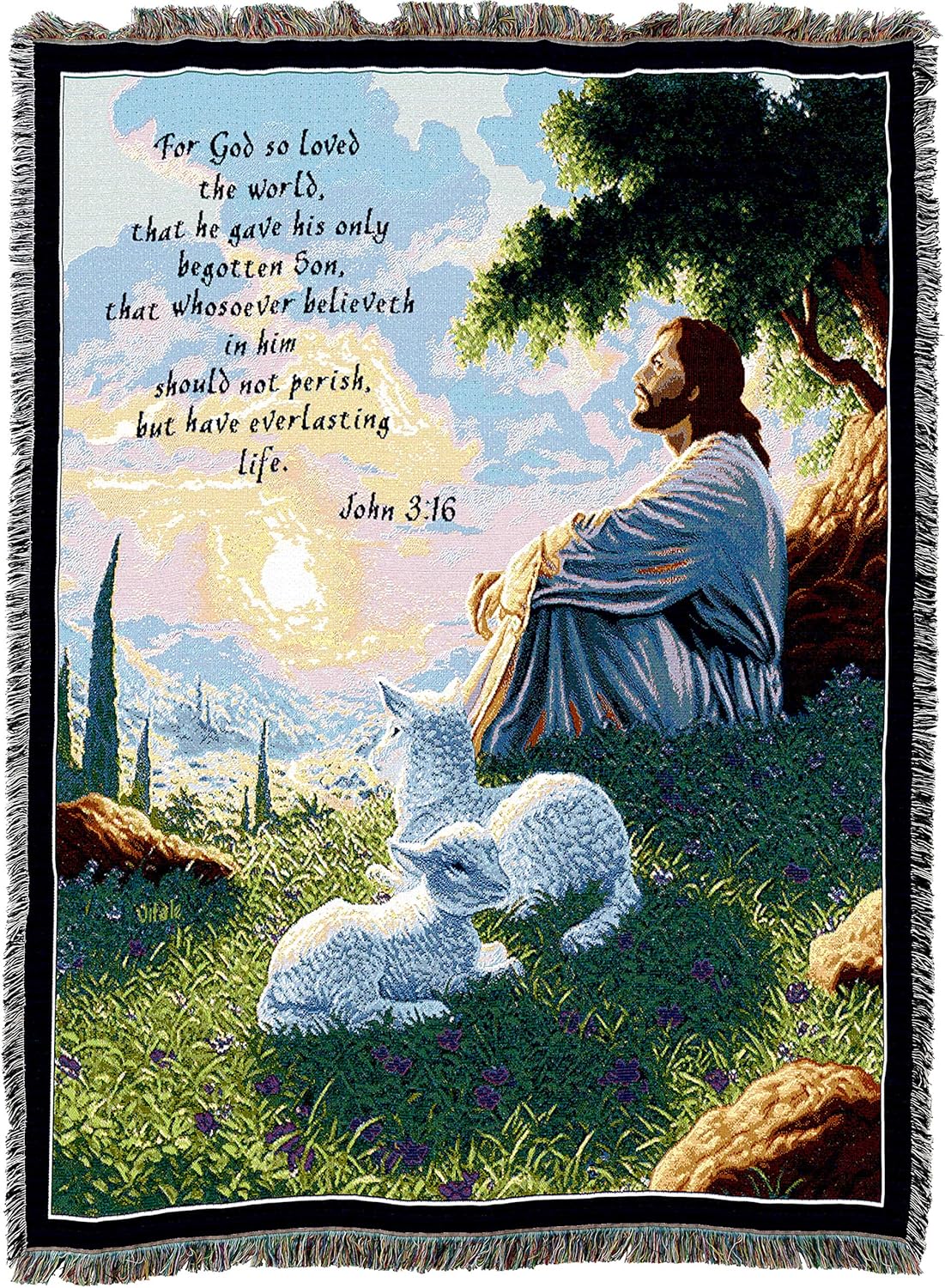 Green Pastures Blanket by Raoul Vitale - For God So Loved The World - Scriptures - John 3:16 - Jesus Christ Lambs Religious Gift Tapestry Throw Woven from Cotton - Made in the USA (72x54)