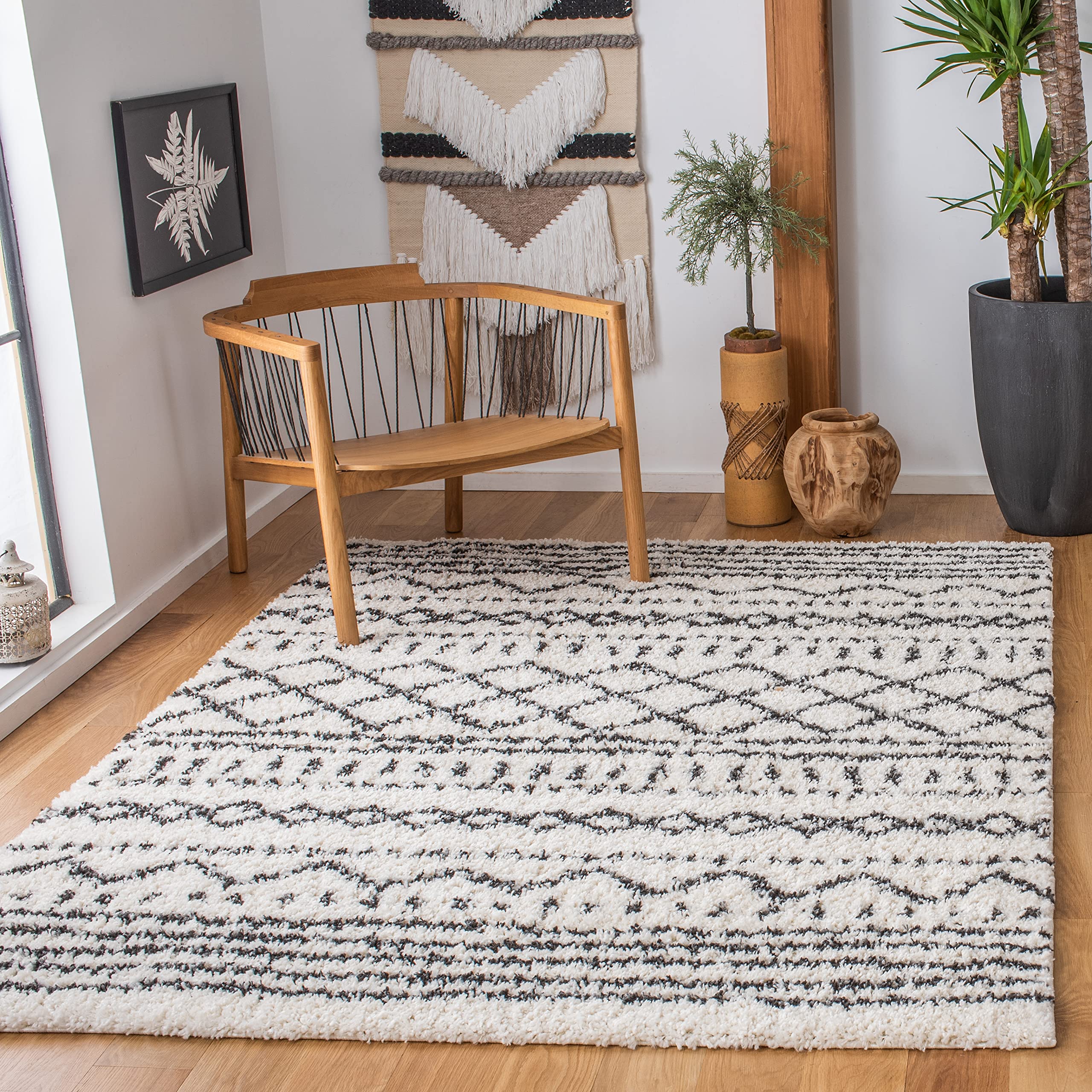 SAFAVIEH Arizona Shag Rug 3'2"x5', Soft Plush Boho Ivory &amp; Black ASG741Z