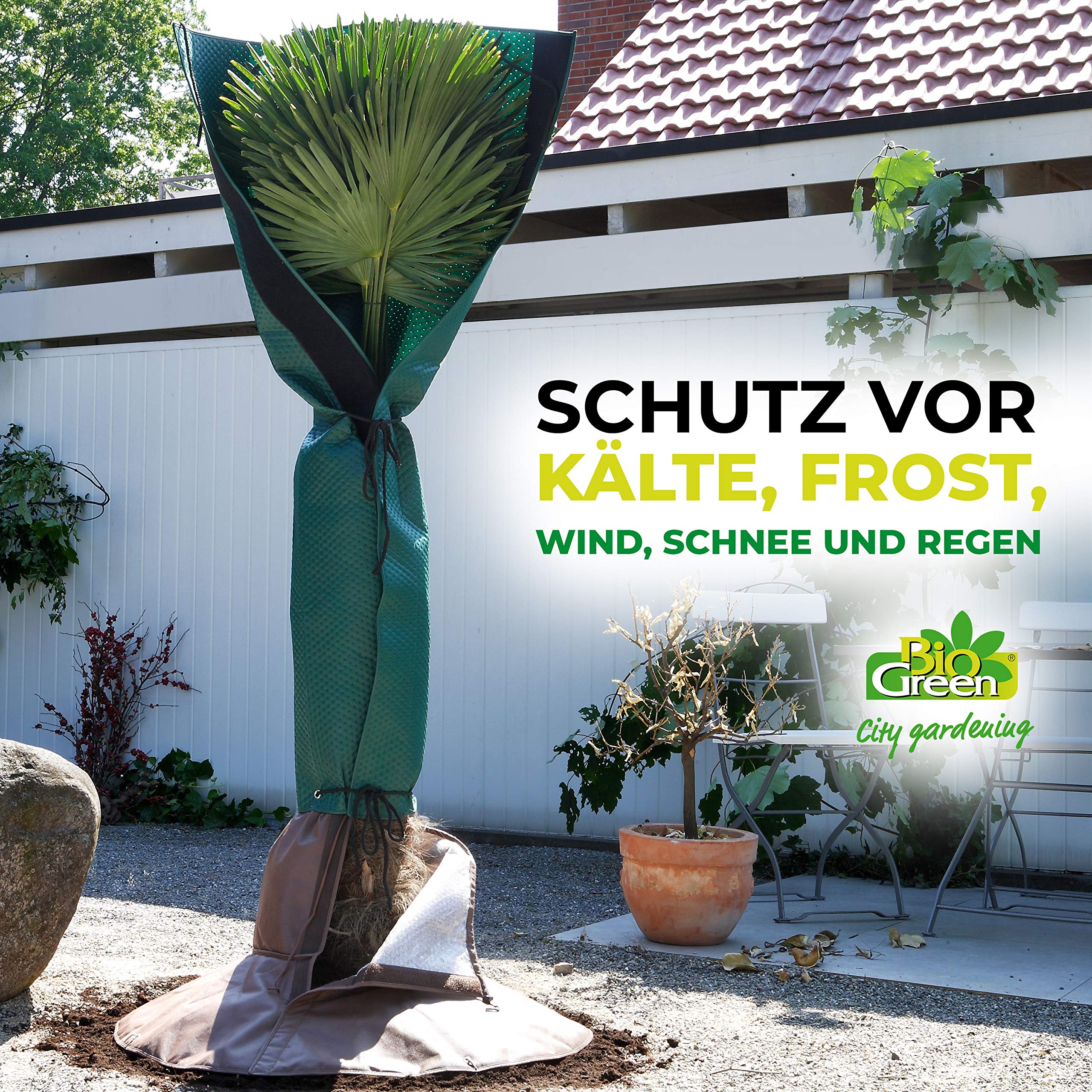Bio Green Stammschutz für Palmen und Bäume | schützt vor Wind, Regen, Feuchtigkeit, Schnee und Frost | atmungsaktiver Vliesmantel für Stämme bis Ø 35 cm | 150 cm hoch