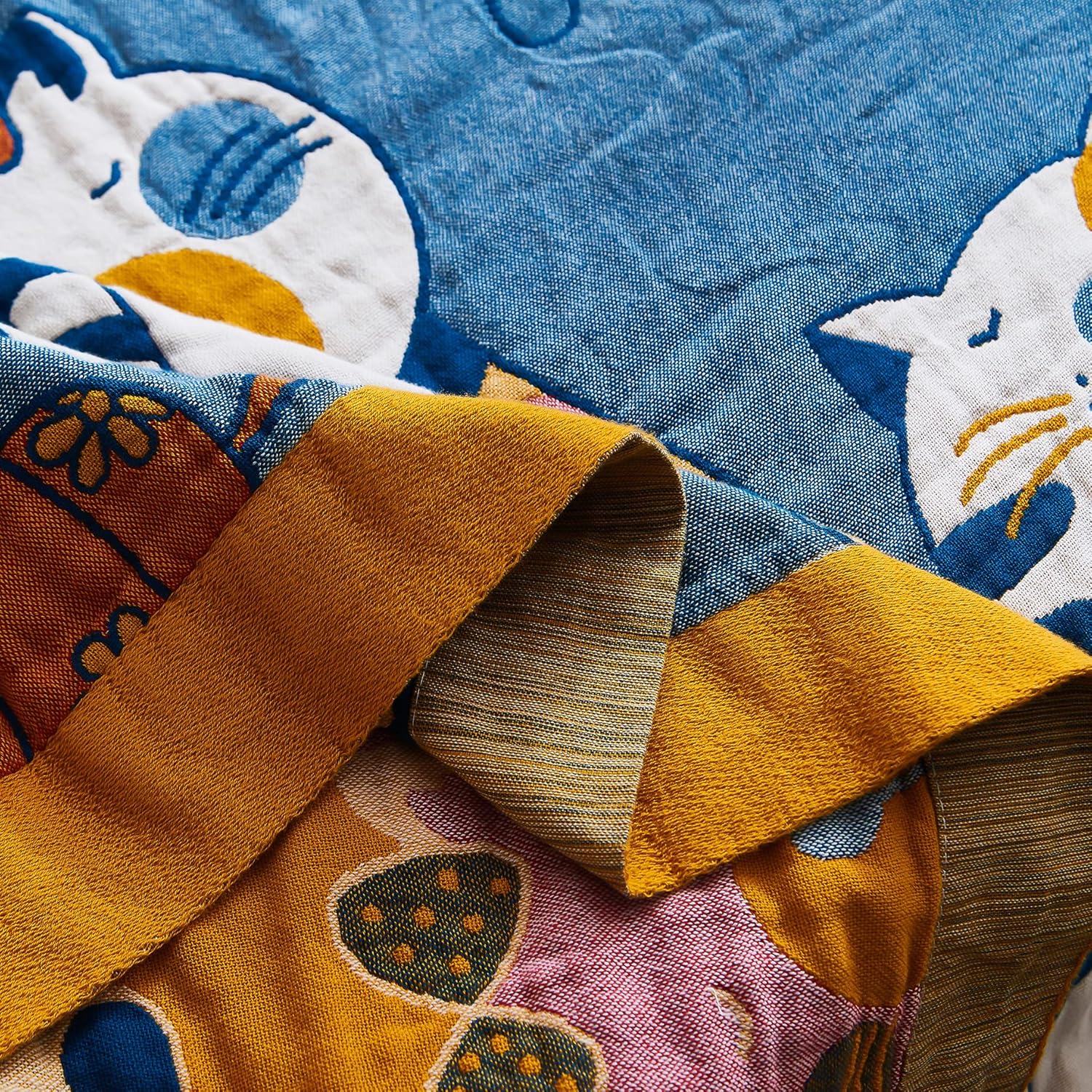 MEJU Kitty Cats Kids Child Muslin Blanket Throw Reversible Cover for Bed Sofa Couch, 100% Combed Cotton 4 Layer Soft Warm Quick Dry Throw Blanket Bed Coverlet Quilt Sheet Blue Twin 60 in x 80 in - Image 4