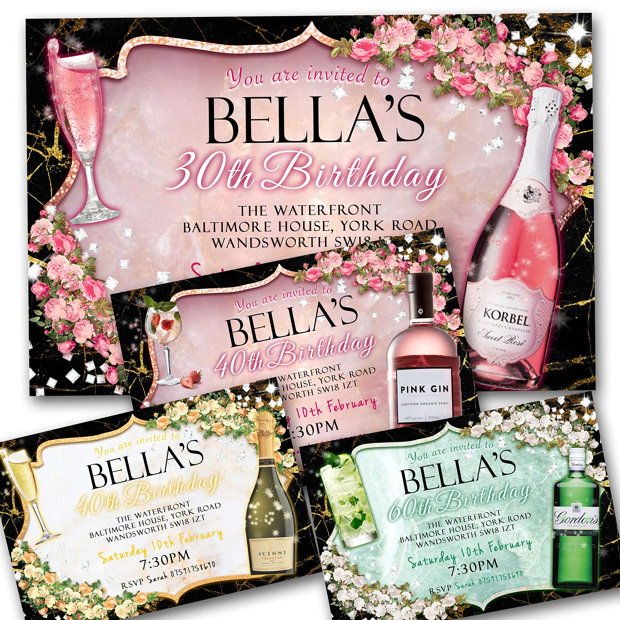 Rose Pink Gin or Prosecco Birthday Party Invitations - Any age (Personalised)