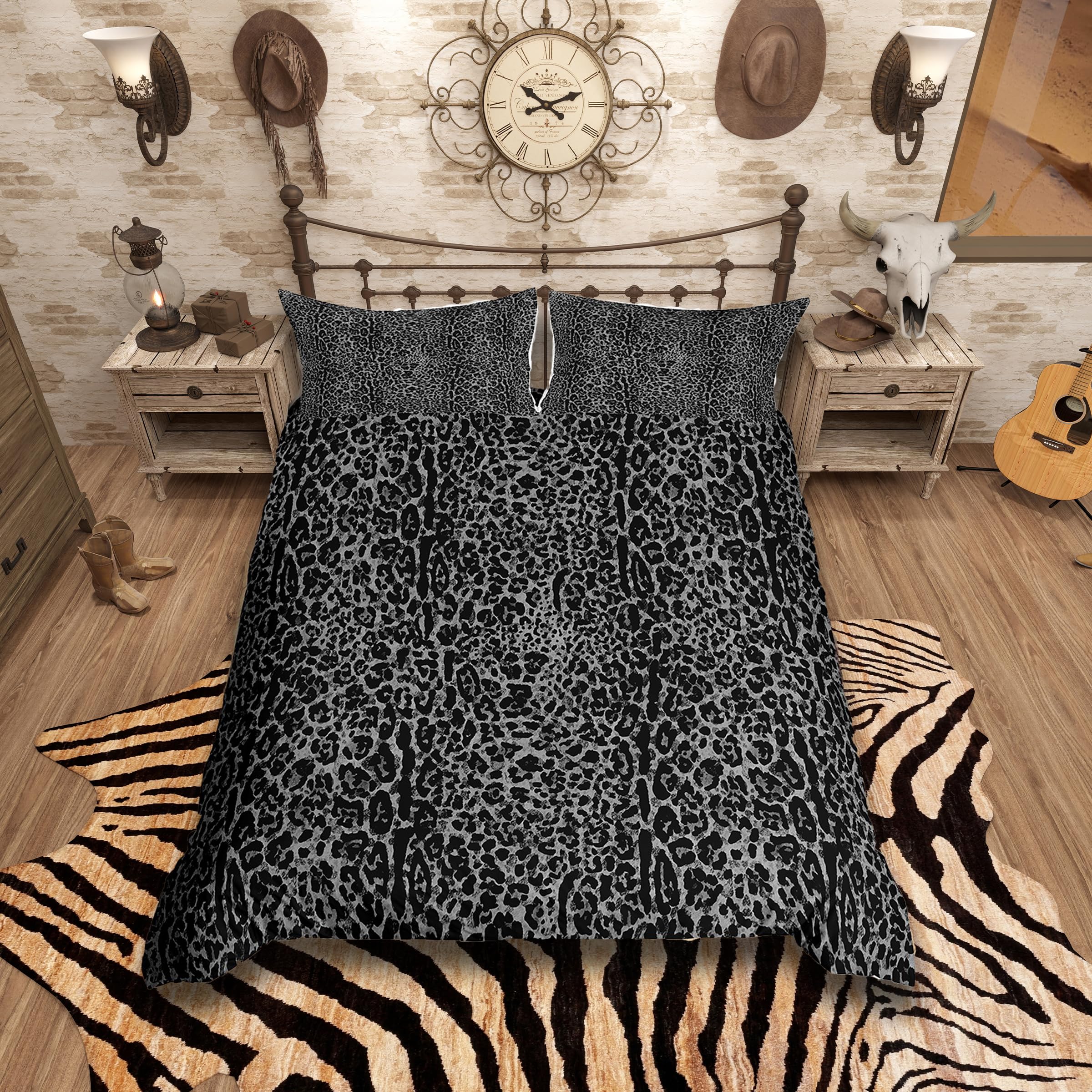 Homemissing Kinder Leopard Druck Bettwäsche Set 135x200cm Gepard Betten für Kinder Jungen Mädchen Schlafzimmer Dekor Safari Bettwäsche-Set Wildtiere Schwarz Grau und Schwarz