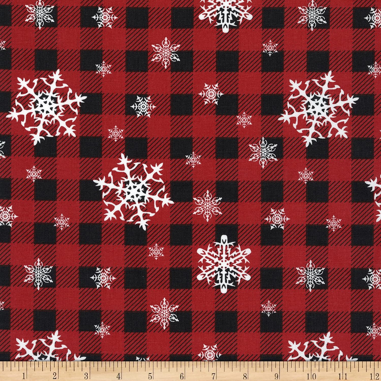 Mook Fabrics Downhome Country Christmas Plaid Snowflake Fabric, Red/Black Yard