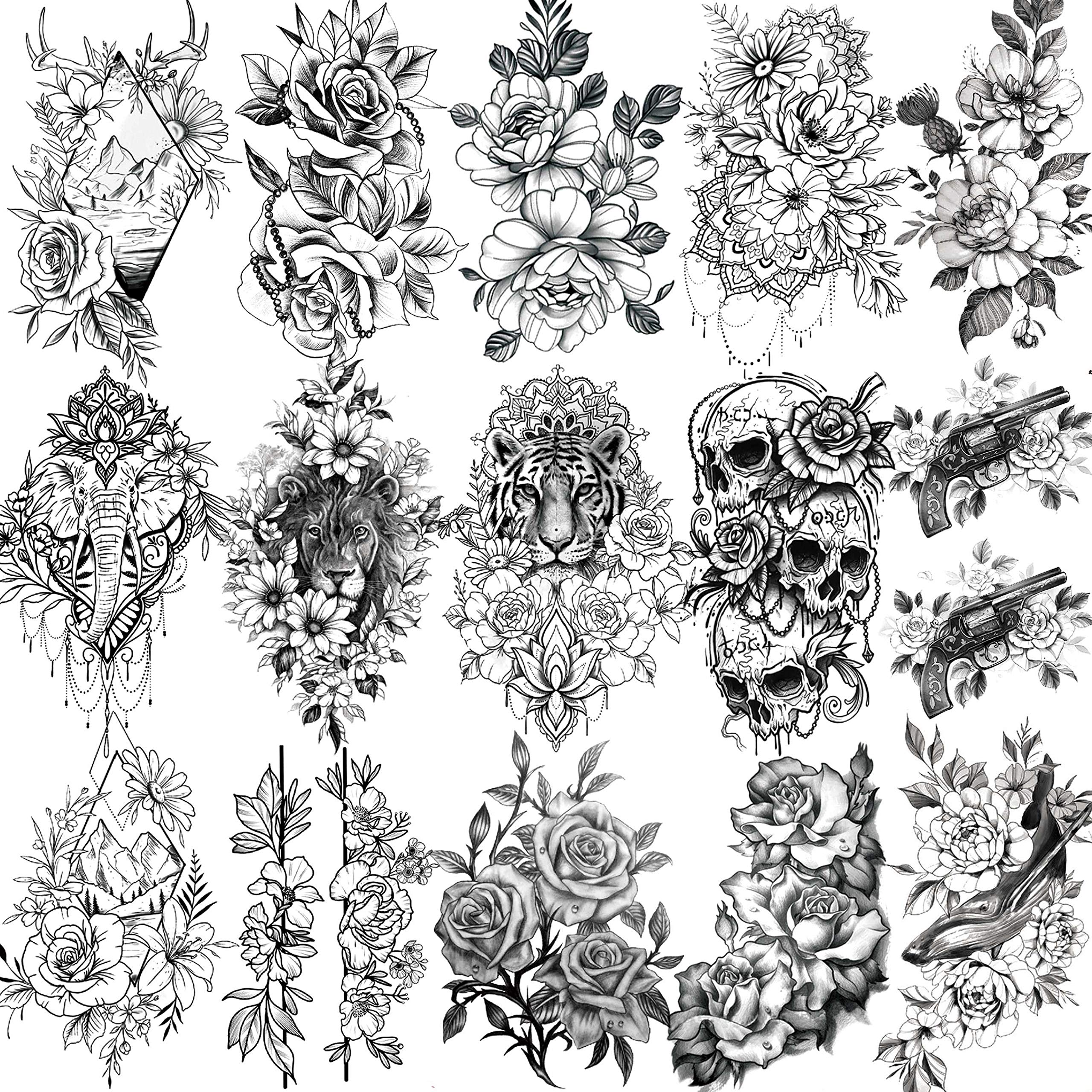 15 Sheets 3D Skull Rose Flower Temporary Tattoos For Women Girls, Black Tiger Lion Face Kid Waterproof Fake Tattoos For Adults, Large Peony Realistic Mountain Floral Tatoos Sticker Sets Elephant Whale