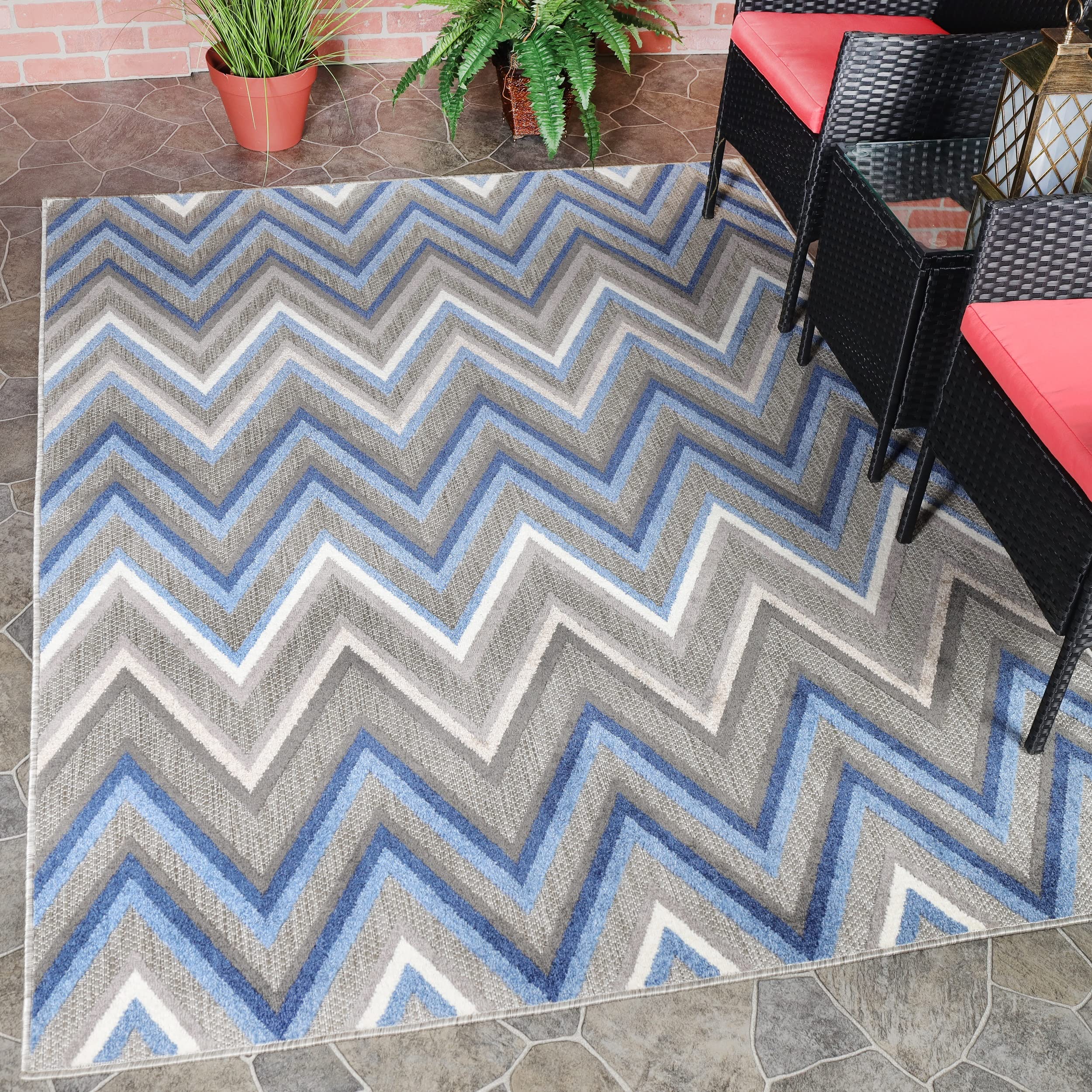 Superior Modern Bohemian Indoor Outdoor Area Rug, Perfect for Patio, Bedroom, Kitchen, Laundry Room, Entryway, Office, Playroom, Carpet Cover, Zig-Zag