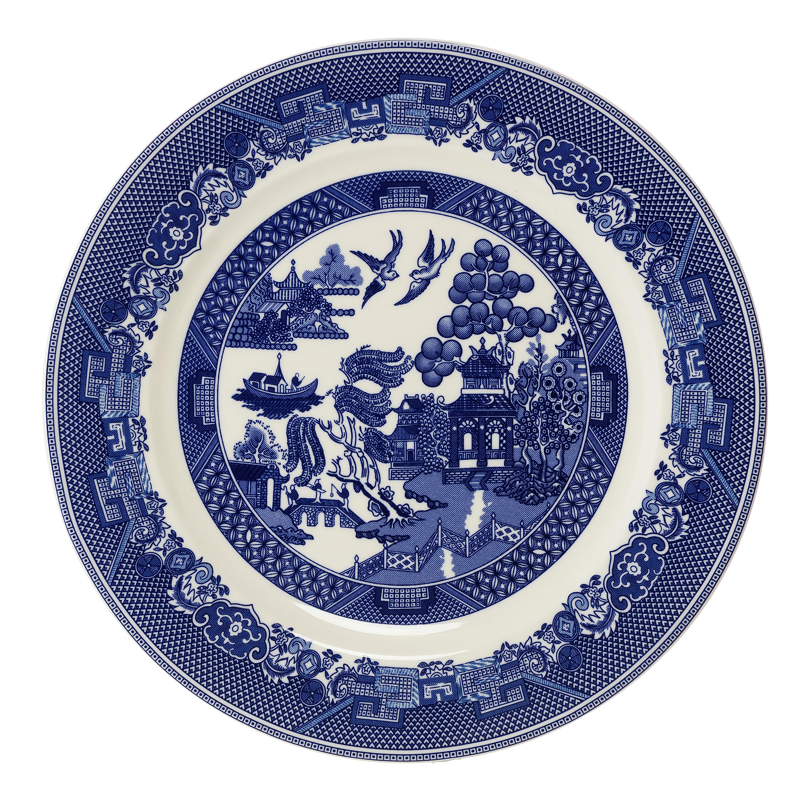 AuraHome Blue Willow Breakfast Plate 23cm 9 Inches Diameter Glazed Iconic Elegant Blue-Printed Scene on White Porcelain Depicts Nature Historical Imagery Collectible