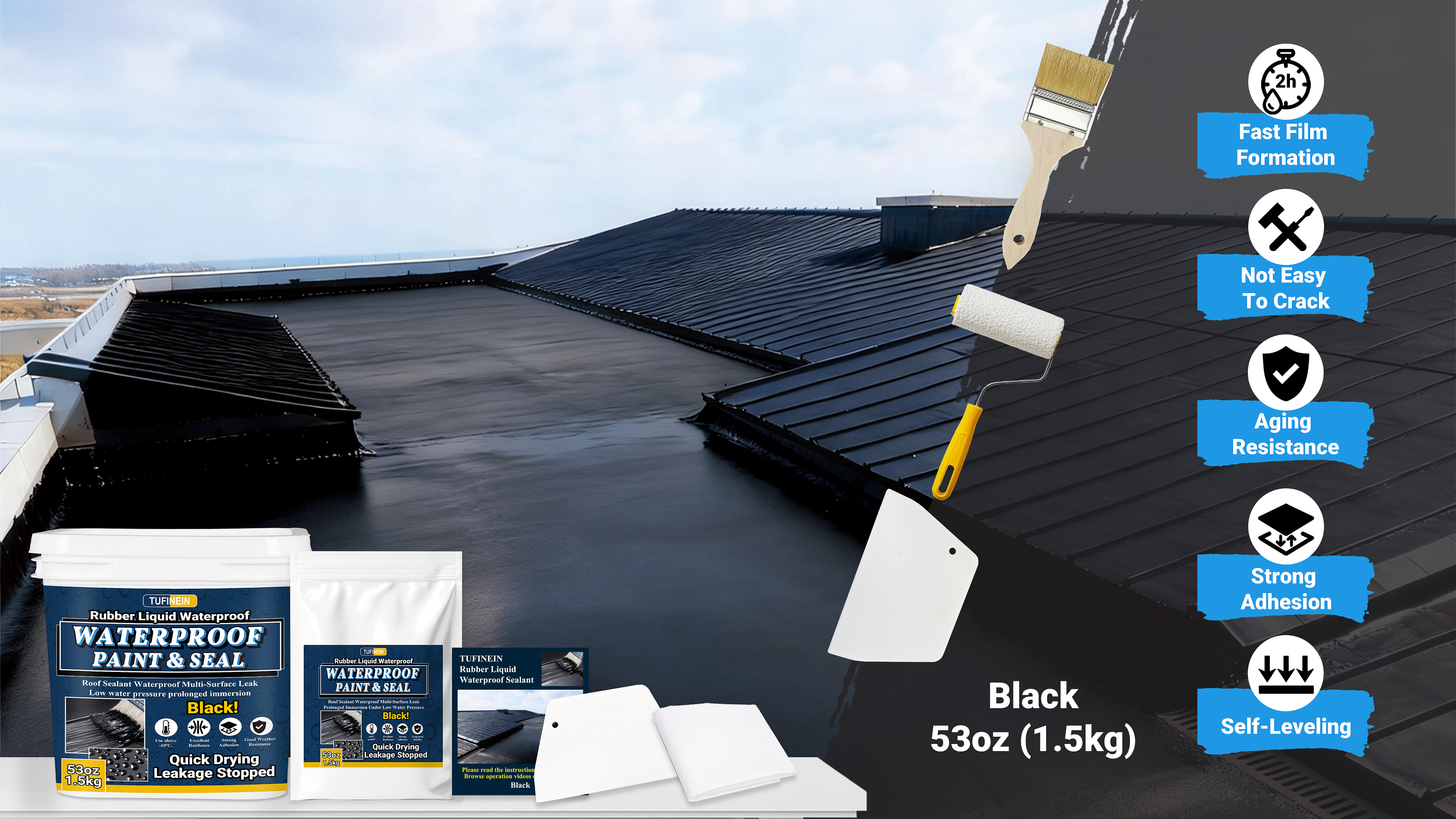 Image of Rubber Liquid Waterproof Sealant, TUFINEIN 53oz /1.5kg Black Quick Drying Multi Surface Foundation Leak Repair - Roof Gutters Basement Sealer Waterproof - Indoor & Outdoor Flexible Rubber Paint
