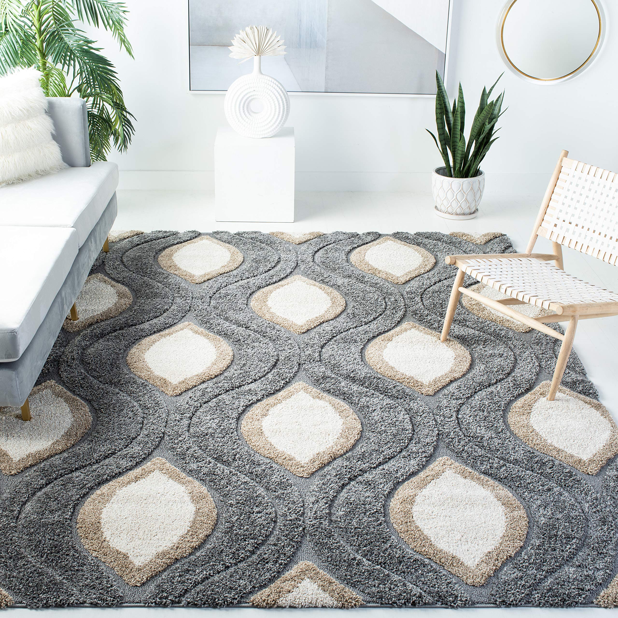 SAFAVIEH Area Rug 8x10 - Florida Shag Collection - Large - Grey & Ivory, Geometric Pattern, Non-Shedding & Easy Cleaning, Plush Thick Pile, Ideal for
