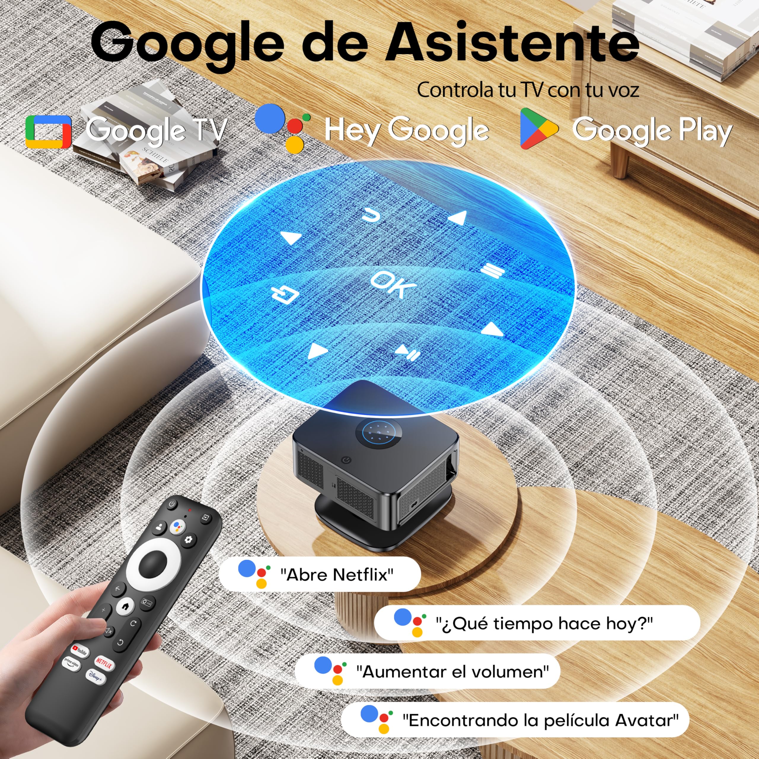 Proyector 4K【1500 ANSI/Google TV/Netflix Oficial】 Horlat 38000Lúmenes Proyector Portatil, Gira 360 °,Full HD 1080P Nativo, WiFi6 &Bluetooth 5.3, Control de Voz Projector en Casa/Exterior