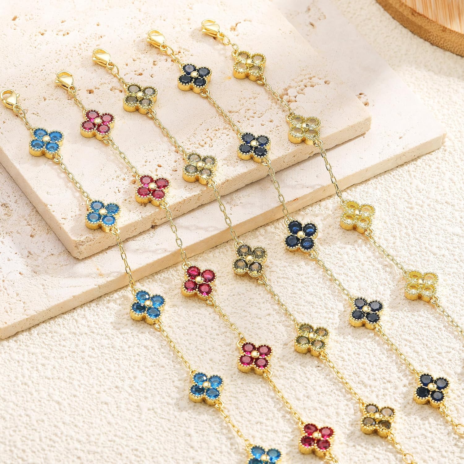 Honsny Gold Birthstone Clover Bracelets for Women Trendy Non Tarnish 14K Gold Plated Dainty Diamond Charm Stackable Bracelets for Women Waterproof Jewelry for Women Best Friend Valentine's Day Gift - Image 4