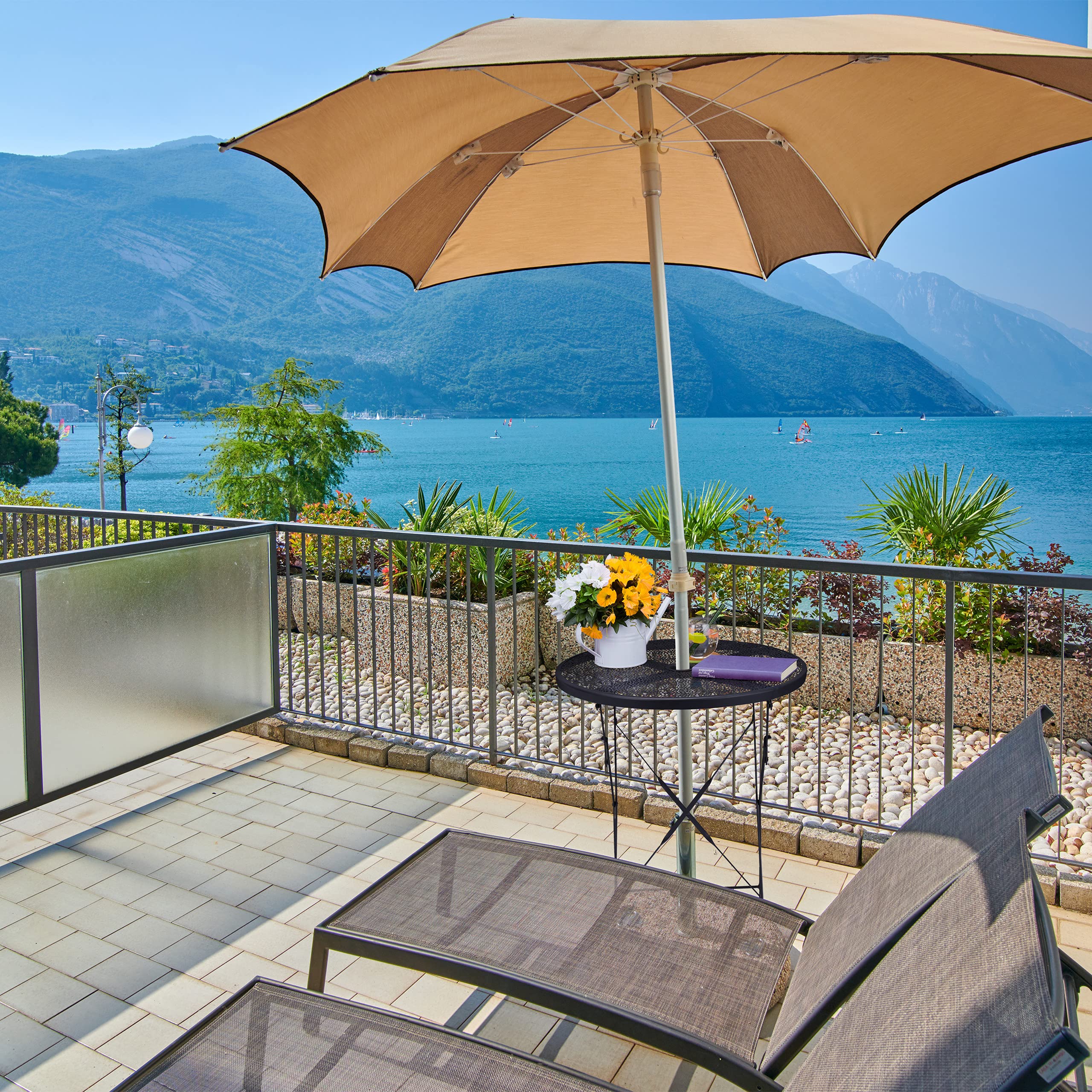 Relaxdays Tavolino da Balcone Pieghevole, Tavolo Rotondo con Foro per Ombrellone, in Acciaio, HxD: 71,5x60,5 cm, Nero