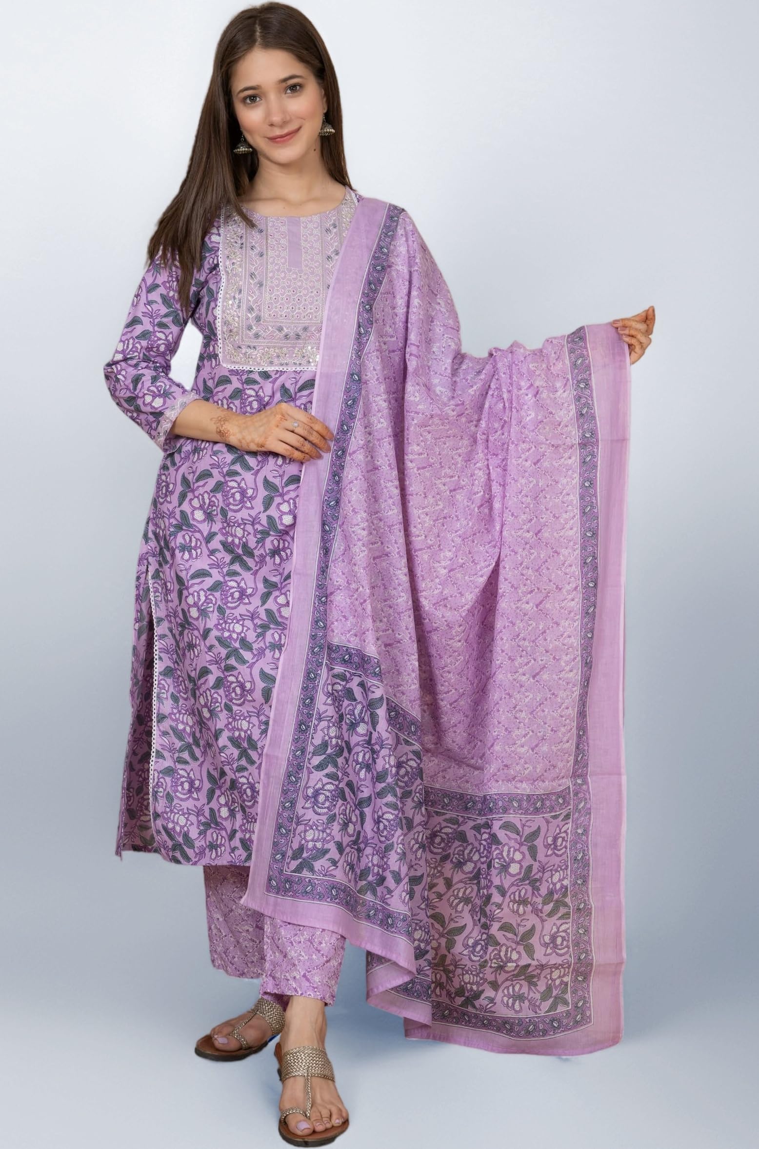 MEERA FAB Women's Cotton Printed Printed Straight Embroidery Kurta with Palazzo & Dupatta Set
