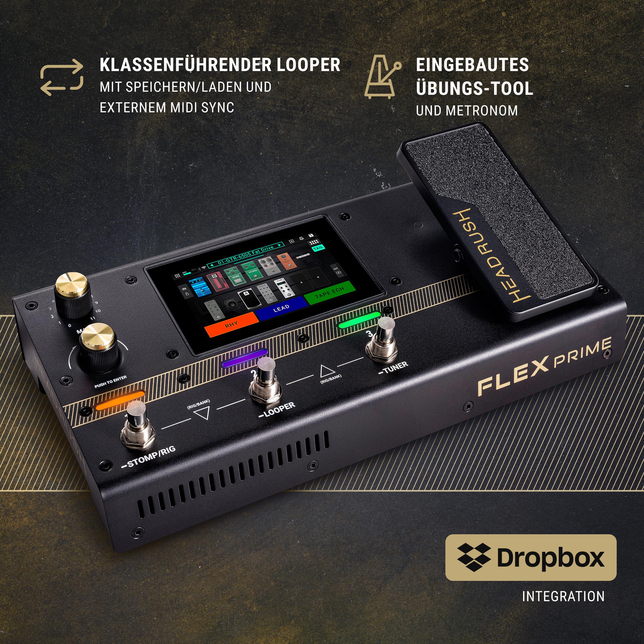 HeadRush Flex Prime Gitarre und Bass Multi-Effekt Pedal und Amp Modeling Prozessor mit Touchscreen, Looper, WLAN, Bluetooth, IR Loader, USB, Lektionen