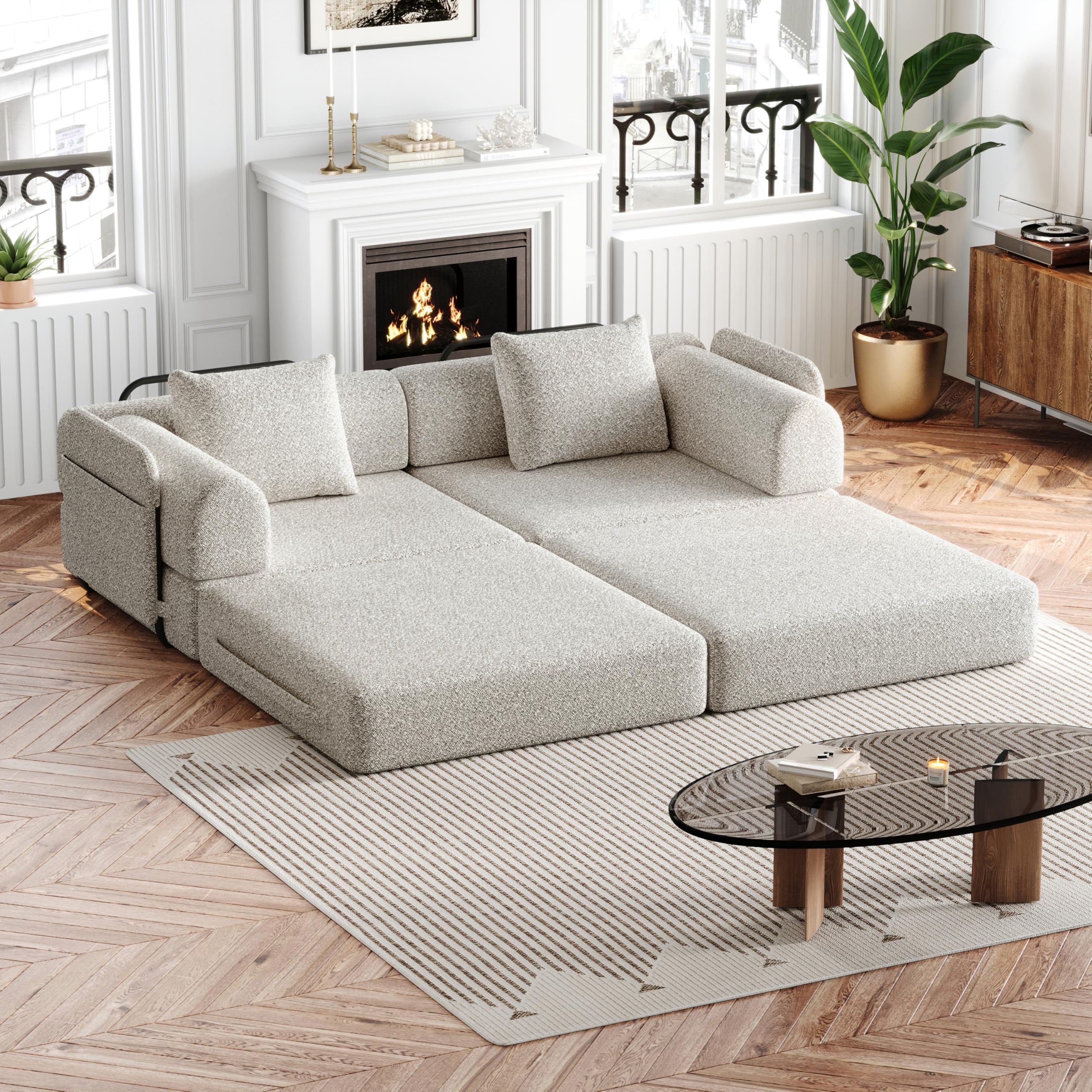 Sofá Cama Plegable con Respaldo y Almohada, Sofás con Estructura de Metal y Reposabrazos, Sofá Matrimonio Convertible para Salón Dormitorio, con Bolsa de Almacenamiento, Chenilla, Caqui