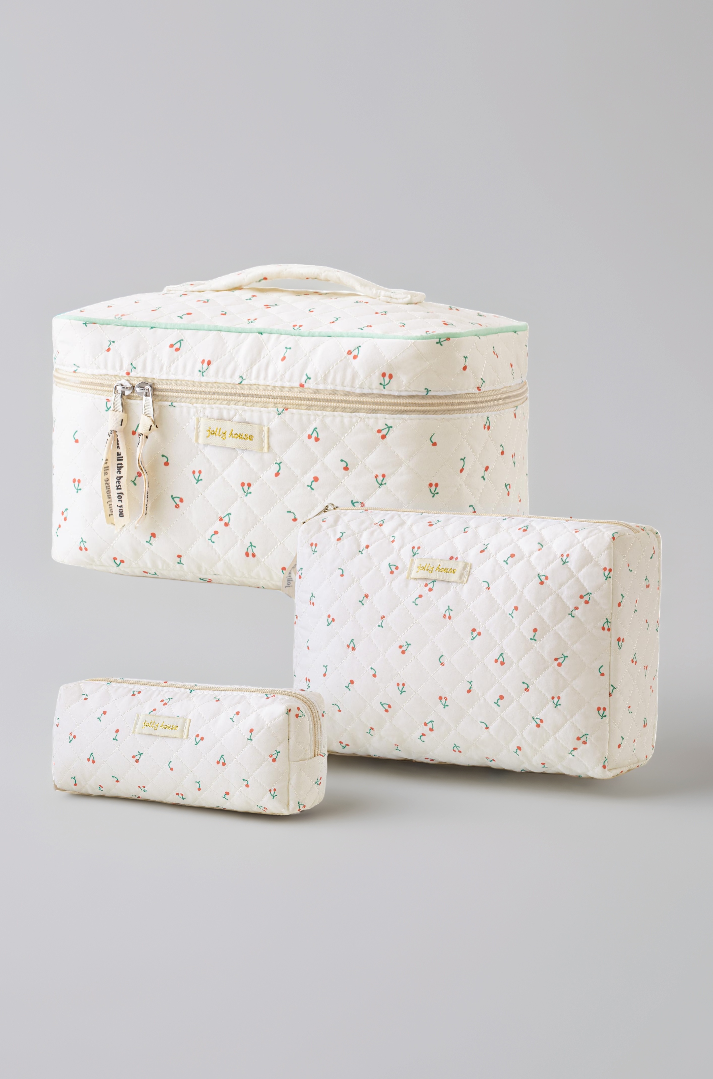 HBselect Quilted Makeup Bag, 3PCS Cotton Large Travel Makeup Bag, Cute Floral Coquette Make up Bag Cosmetic Bag Toiletry Bag for Women Girls, A-3PCS-Cherry, Floral Makeup Bag