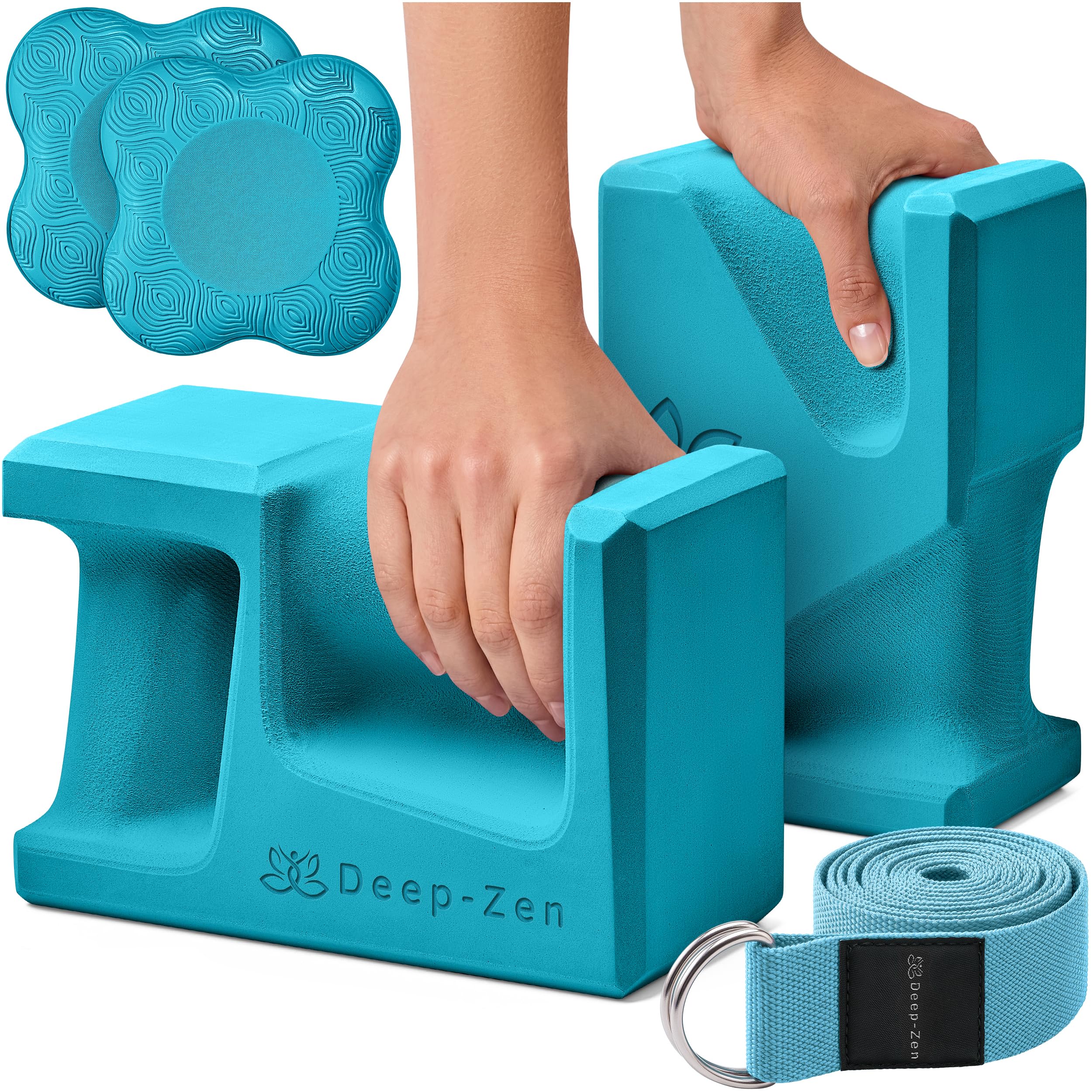 Deep-Zen PRO Yoga Blocks | Ergonomic Yoga Block 2 Pack for Wrist Comfort and Support | EVA Foam Exercise Blocks, 2x Knee Pads & Yoga Strap | Pilates Block Set | Bricks to Eliminate Wrist Pain, Blue