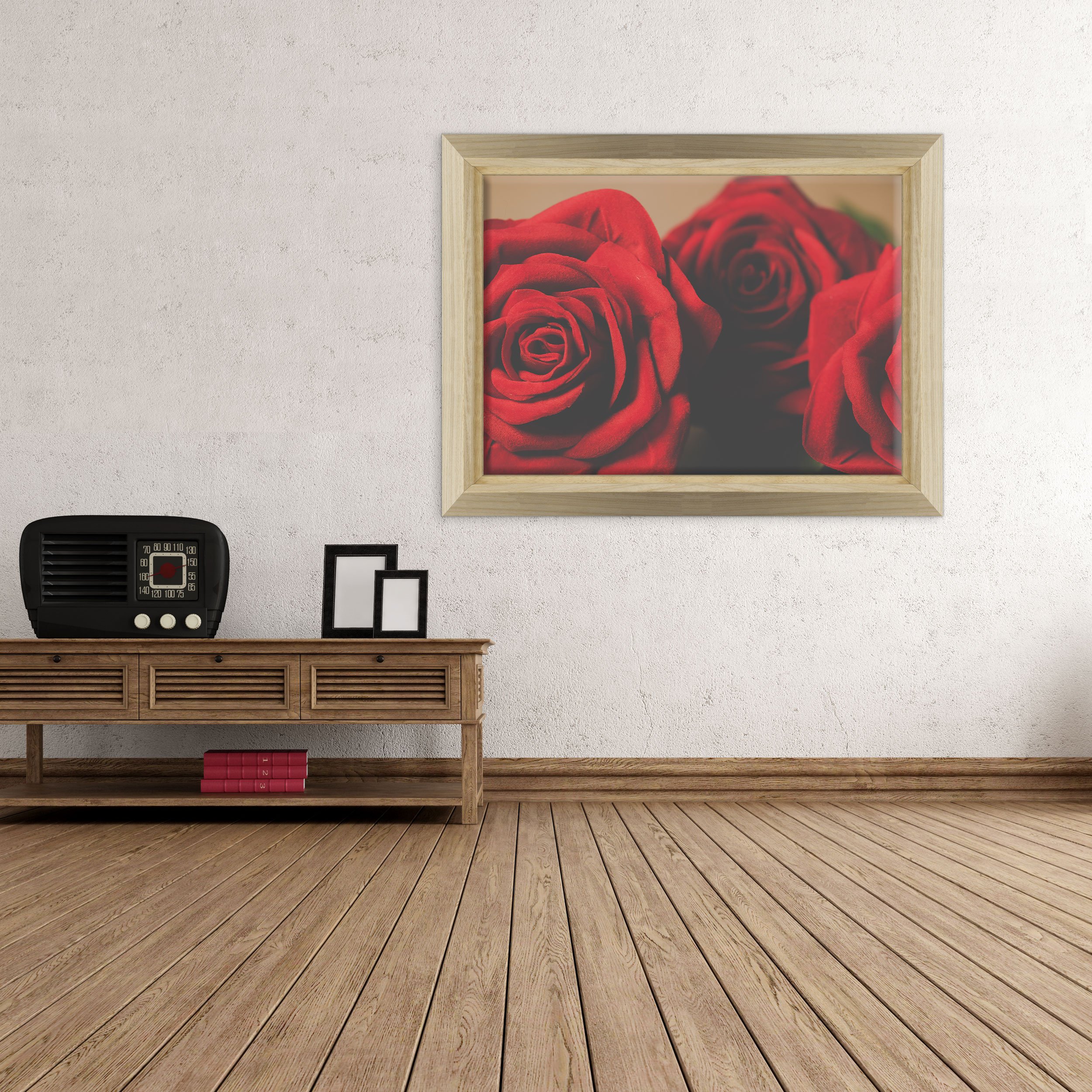 ConKrea Cuadro sobre lienzo enmarcado – con marco – Rosas – Flores Roseto Rojo Rosa – Naturaleza Elegante – 30 x 40 cm – Estilo de diseño madera natural – (cód. 4768)