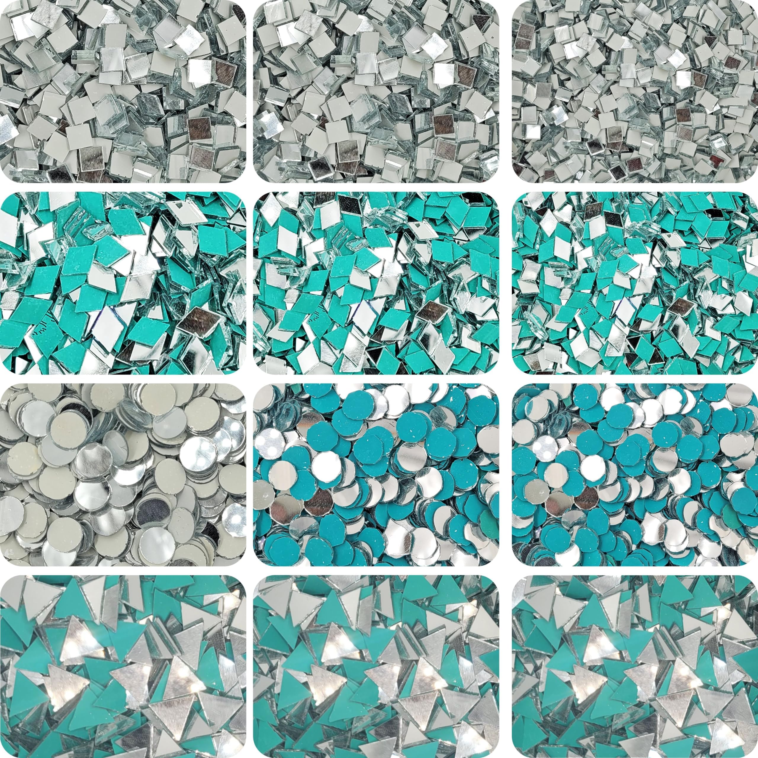 INDIKONB Glass Pieces for Art and Craft - Diamond, Square, Triangle, Circle - Ideal for Lippan Art and Creative Crafts (Silver)