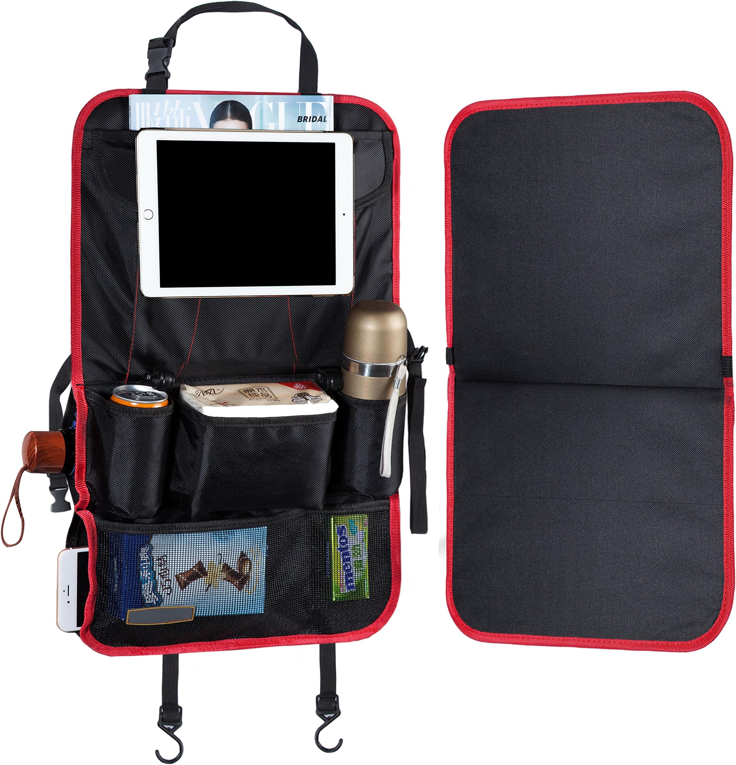 Halence Black and Red Oxford Fabric Car Backseat Organizer Back Seat Protecotors Kick Mats 22.8"14.2" Multi-Pocket Travel Storage Accessories for Vehicle Car Truck