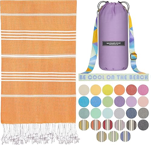 Madamelique Toalla de playa turca con bolsa de playa, 39 x 74 pulgadas, toallas de playa prelavadas de gran tamaño, 100 % algodón, secado rápido,