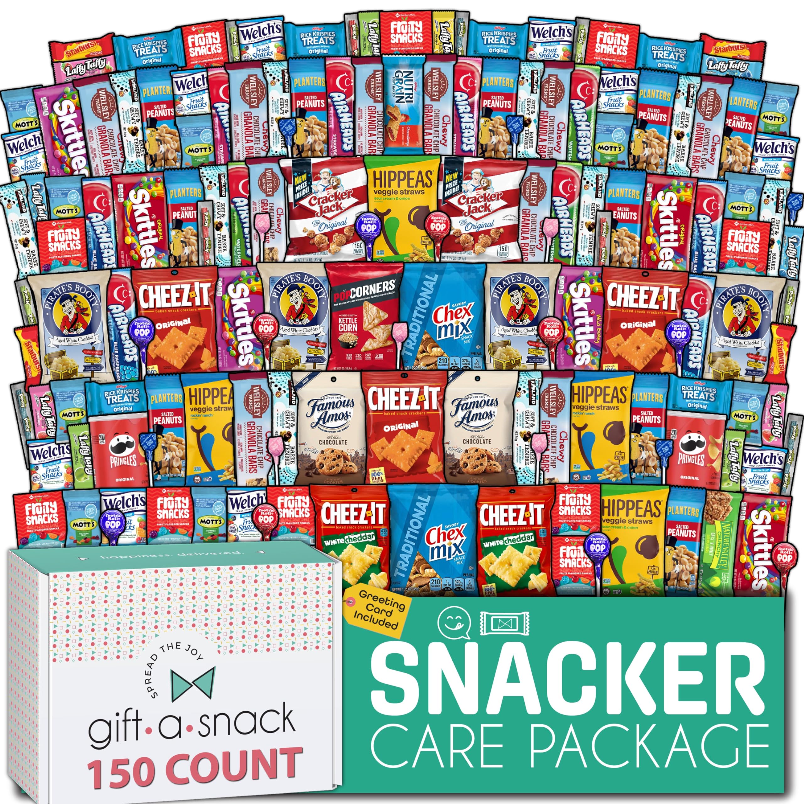 Gift A Snack - Easter Treats, Snack Box Variety Pack Care Package + Greeting Card (150 Count) Ramadan Gifts Birthday Sweet Treats Gift Basket Candies Chips Crackers Bars Office Food Assortments