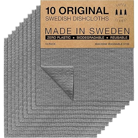 SUPERSCANDI Swedish Dishcloths for Kitchen Grey 10 Pack Reusable Compostable Kitchen Cloth Made in Sweden Cellulose Sponge Swedish Dish Cloths for Washing Dishes Reusable Paper Towels washable