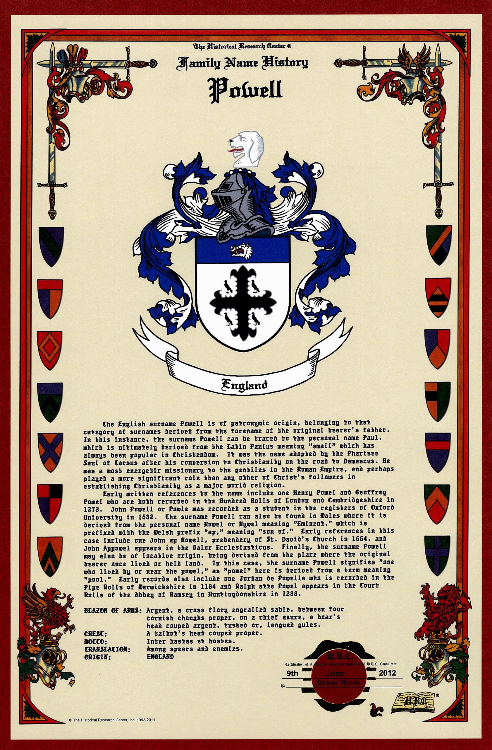 Powell Coat of Arms/Crest and Family Name History, meaning & origin plus Genealogy/Family Tree Research aid to help find clues to ancestry, roots, namesakes and ancestors plus many other surnames at the Historical Research Center Store