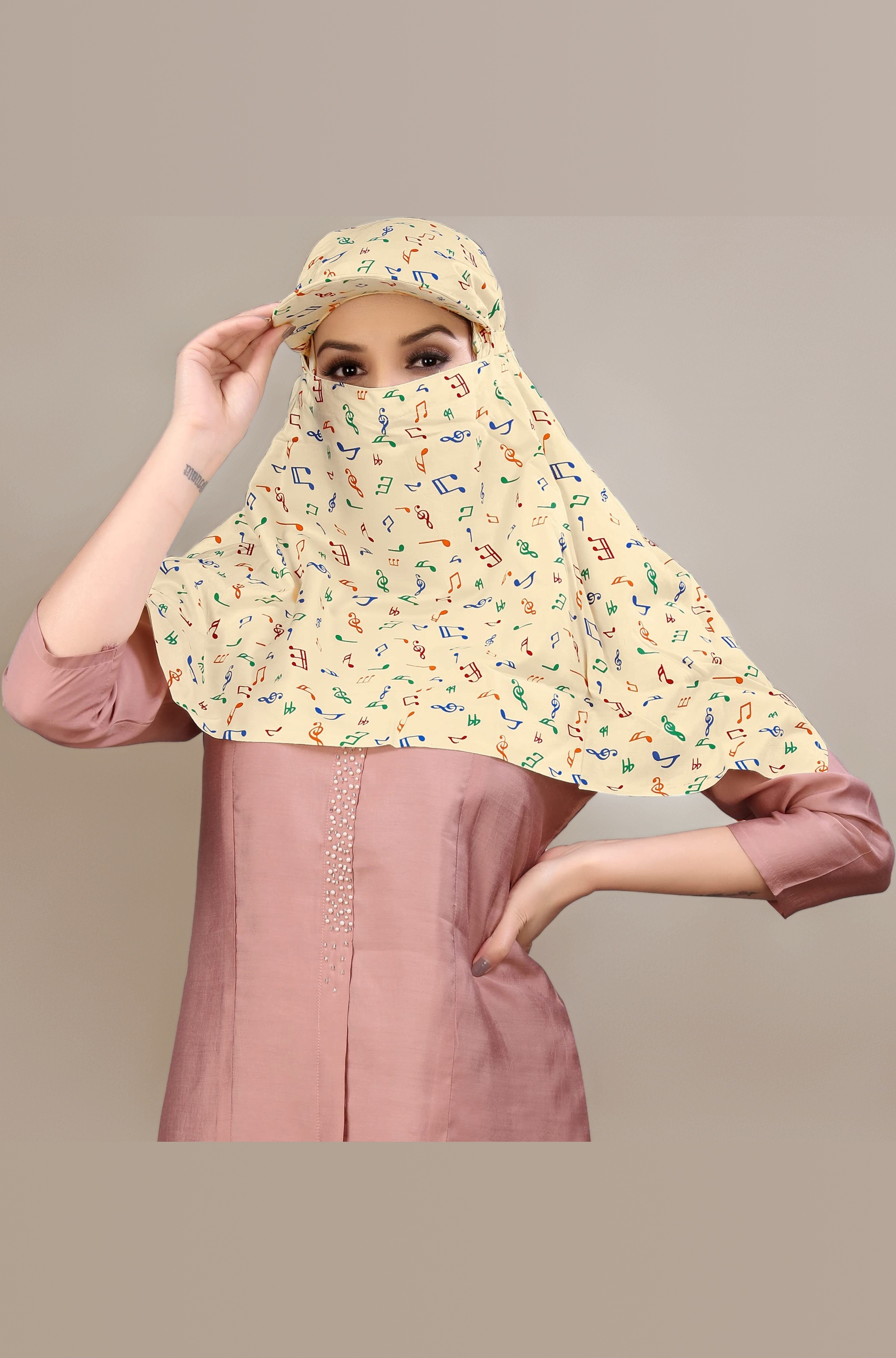 Cotton Short Scarf Cum Mask Universal Size/Usable for vehicle Driver for sunlight UV protection/White Printed Design